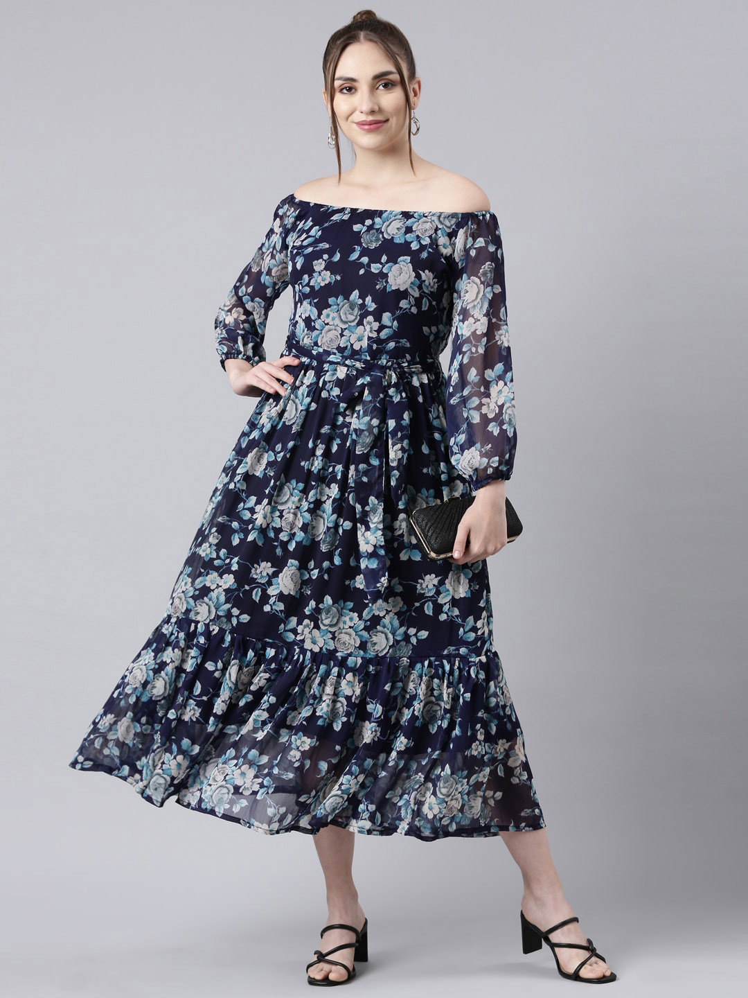Souchii Floral Printed Off- Shoulder Long Sleeves Fit & flare Dress