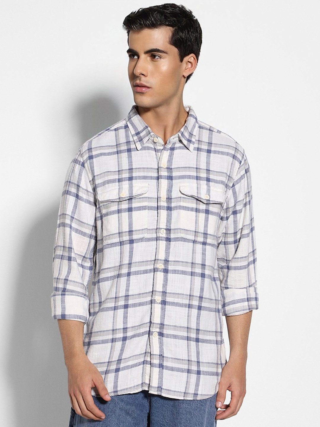 AMERICAN EAGLE OUTFITTERS Tartan Checks Cotton Spread Collar Opaque Checked Casual Shirt