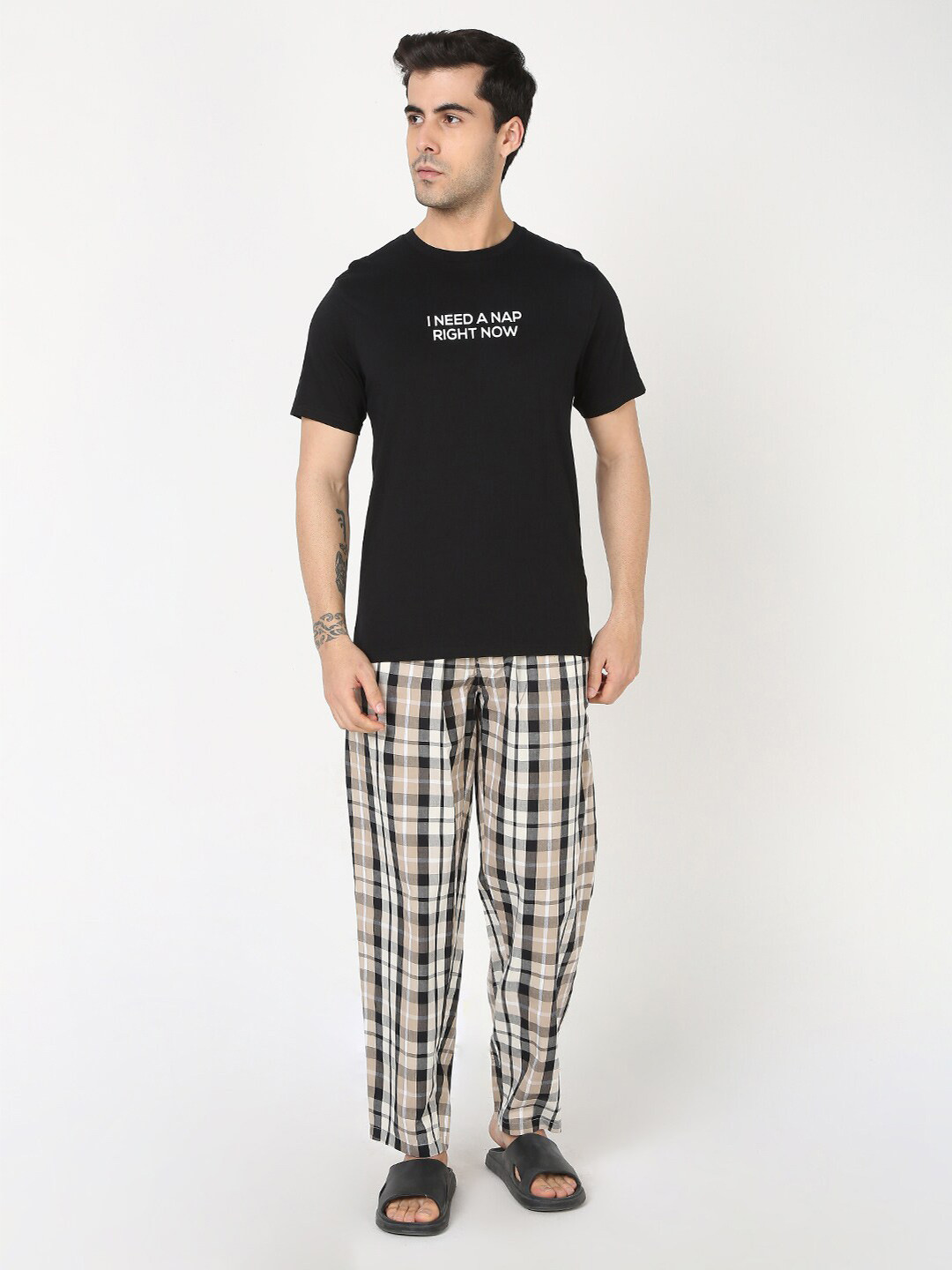 R&B Pure Cotton Printed T-Shirt With Checked Pyjama