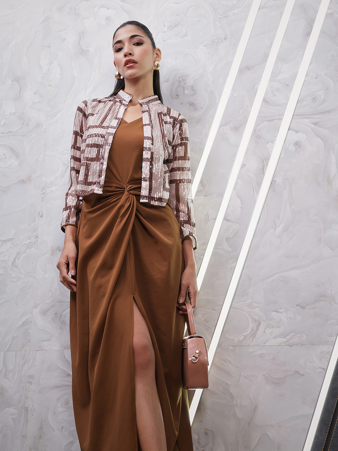 Athena Embroidered Knotting A-Line Dress with Jacket