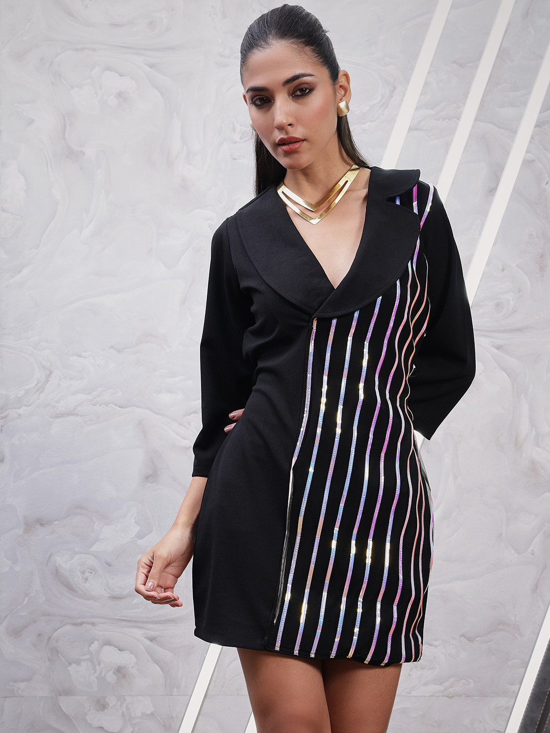 Athena Black Striped Embroidered A-Line Disco Dress