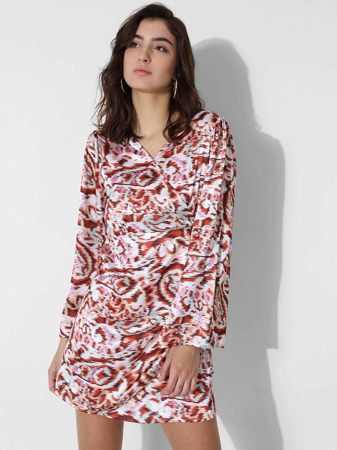 ONLY Abstract Printed Flared Sleeves Satin Wrap Mini Dress