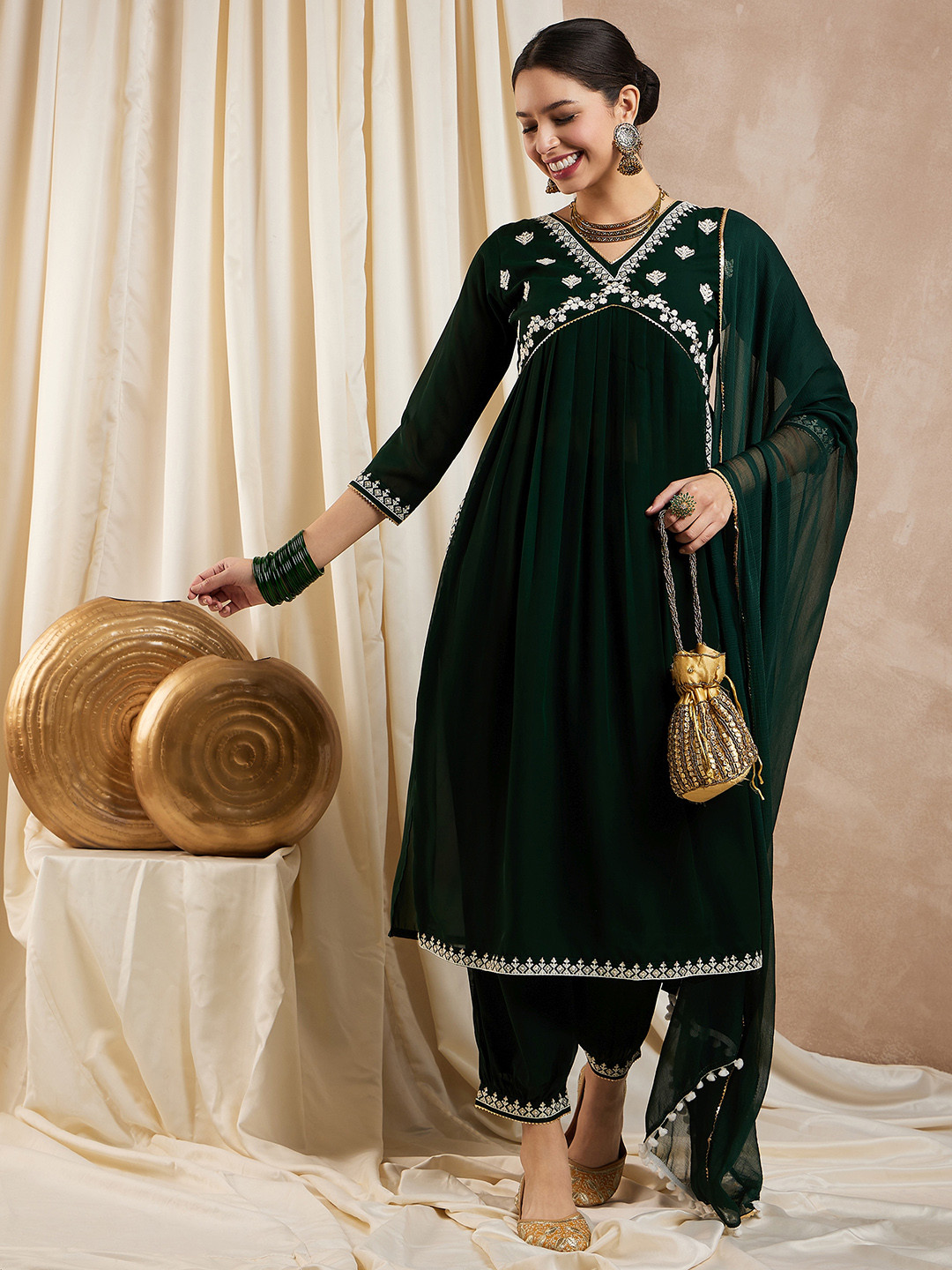 SERONA FABRICS Embroidered Sequinned Empire Straight Kurta with Trouser & Dupatta