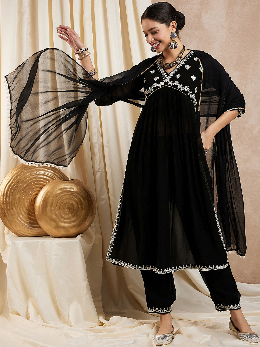 SERONA FABRICS Embroidered Sequinned Empire Straight Kurta with Trouser & Dupatta