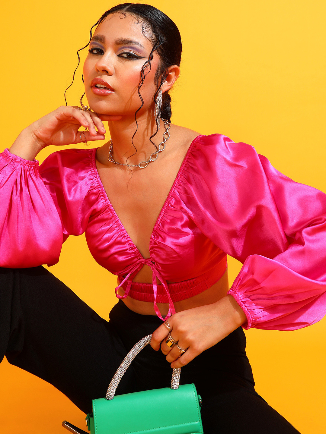 Fuchsia  Puff Sleeve Satin Top