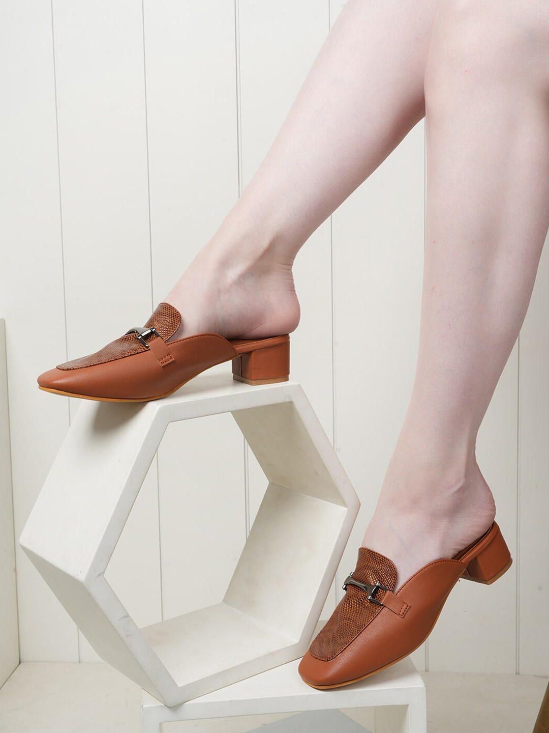 DressBerry Tan Textured Buckles Detail Block Heeled Mules