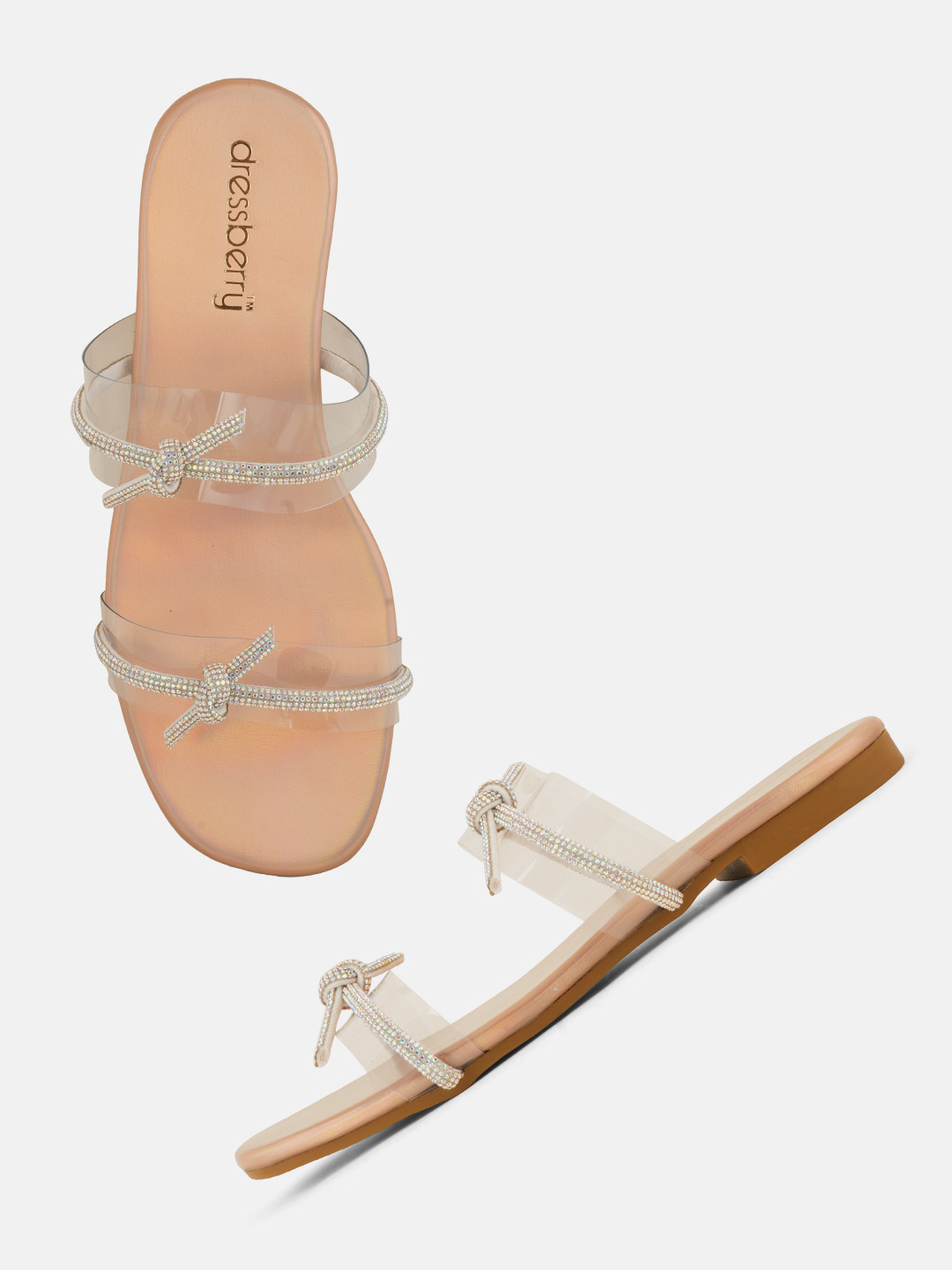 DressBerry Rose Gold Embellished Bows Detail Open Toe Flats