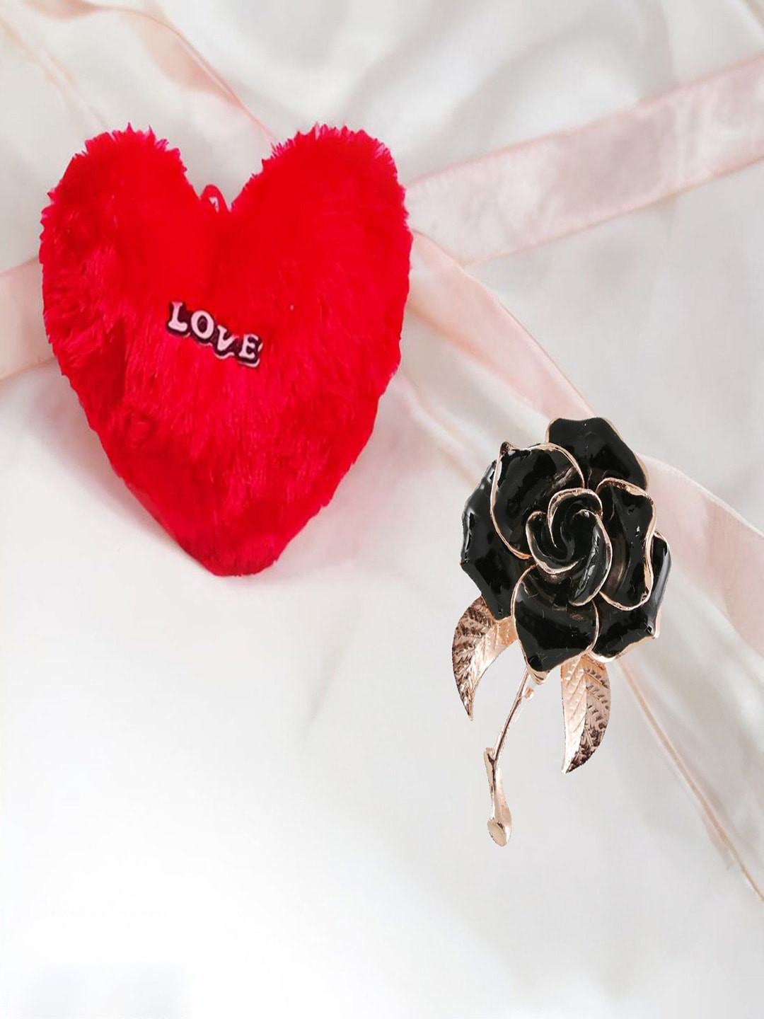 UNIVERSITY TRENDZ Red & Black Rose Brooch With Heart Pillow