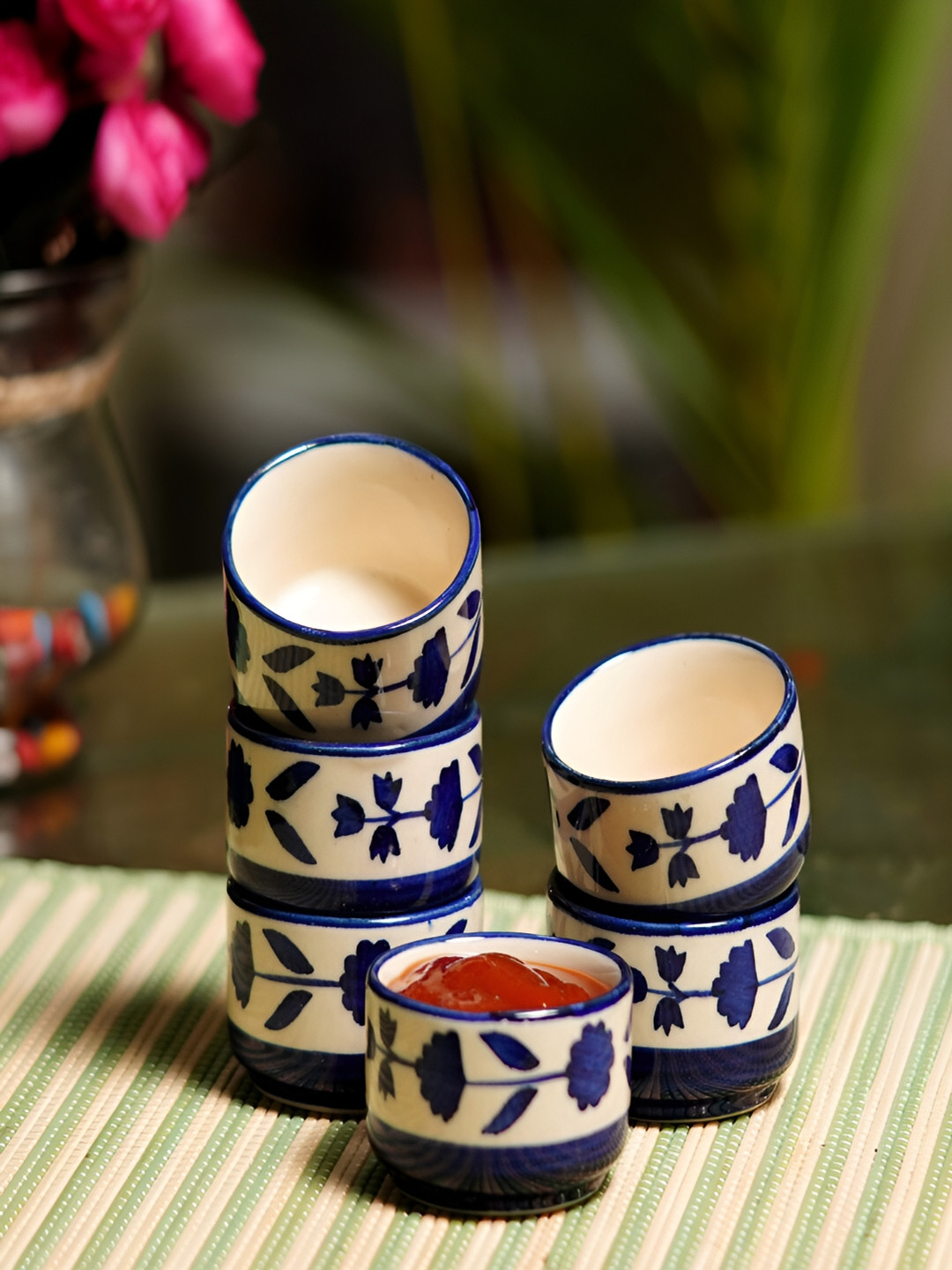 Freakway White & Blue 6 Pieces Floral Printed Ceramic Glossy Bowls