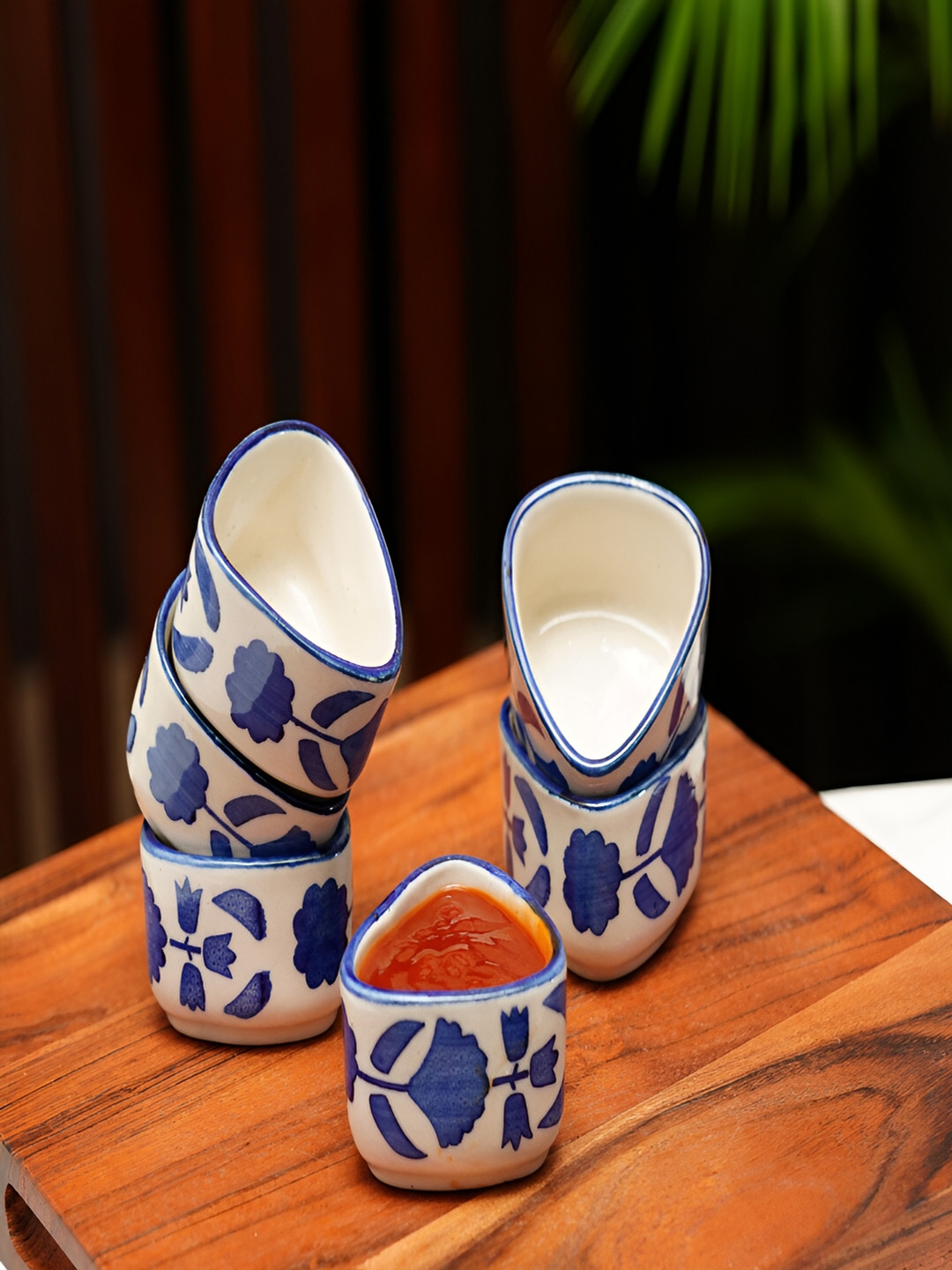 Freakway White & Blue 6 Pieces Floral Printed Ceramic Glossy Bowls