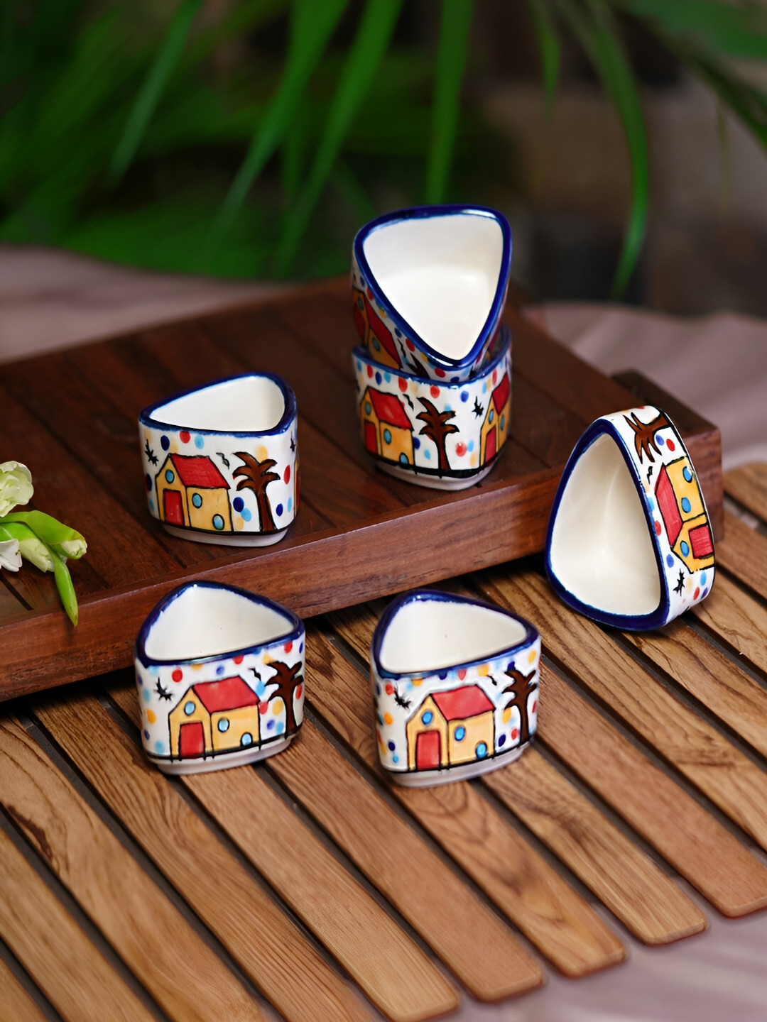 Freakway White & Blue 6 Pieces Printed Ceramic Glossy Bowls