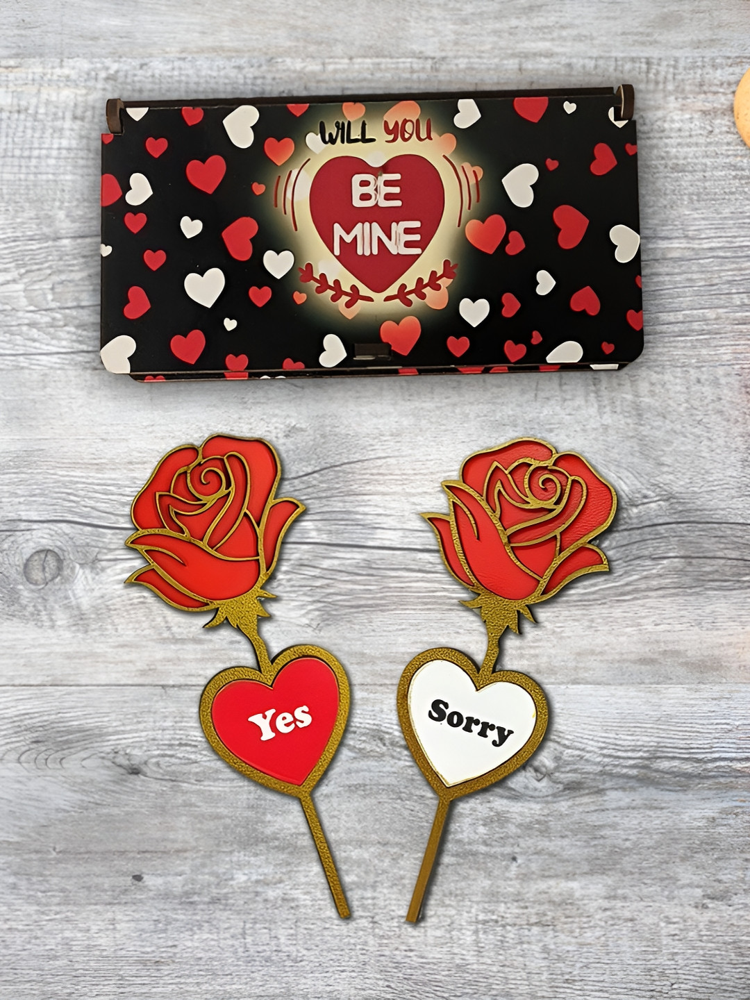 Phirki Studio Wooden Box With 2 Artificial Rose Flower Valentines Day Gift Set