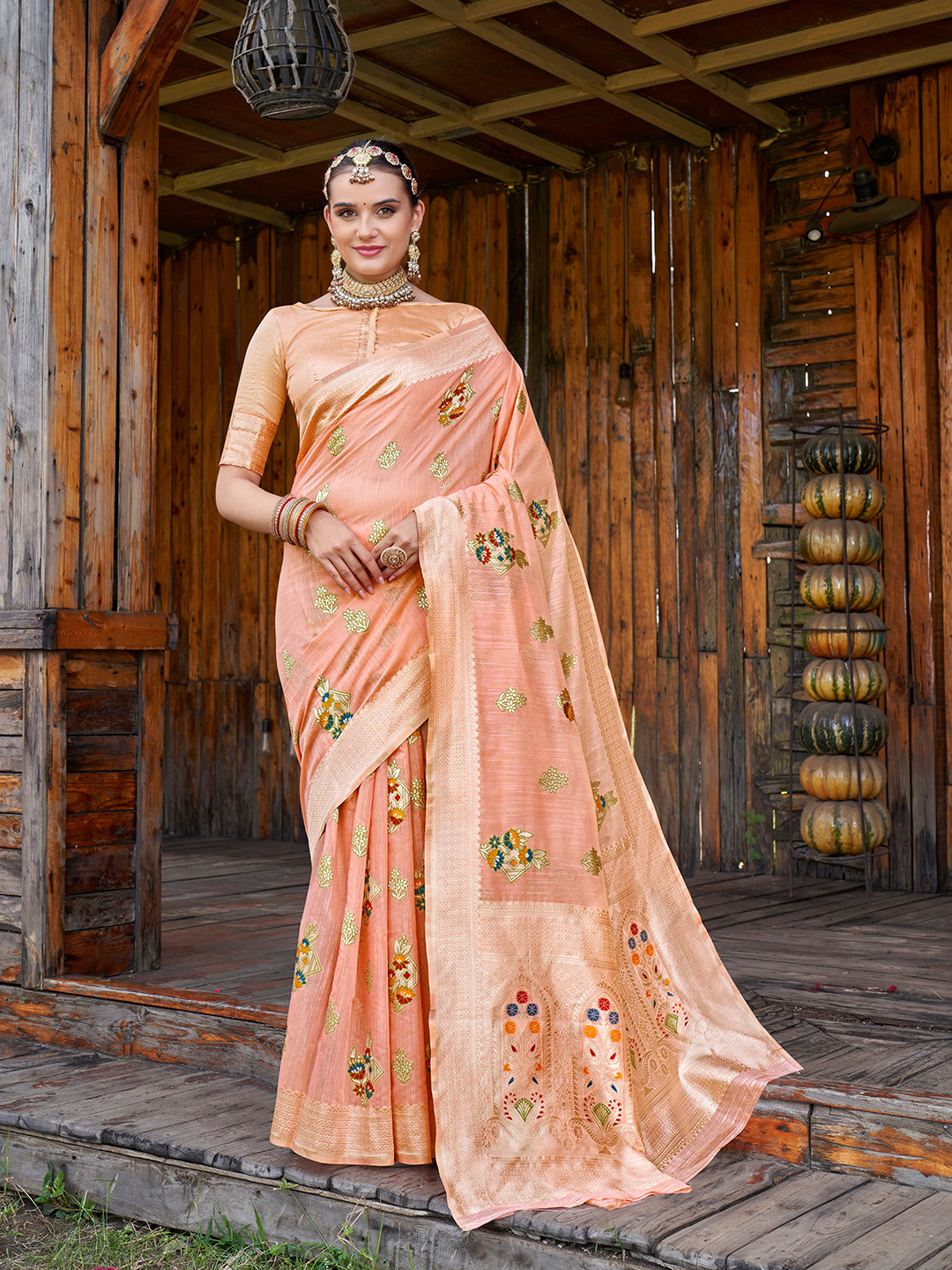 Anouk Rustic  Peach Coloured & Green Floral Zari Saree