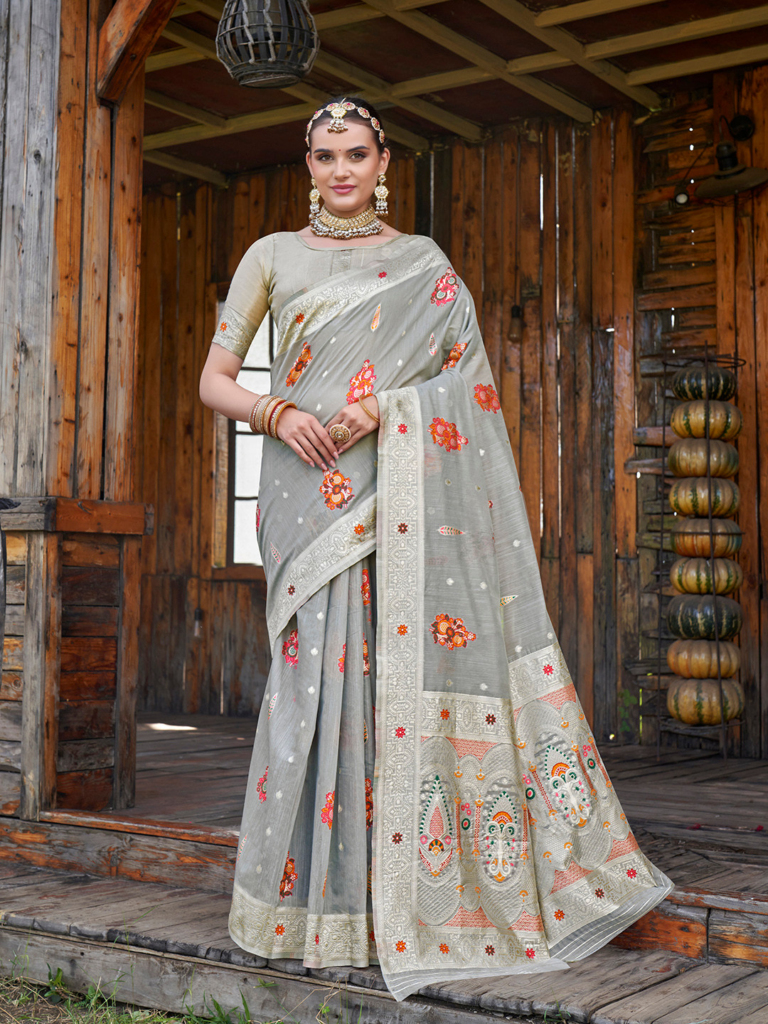 Anouk Rustic  Floral Woven Design Pure Linen Saree