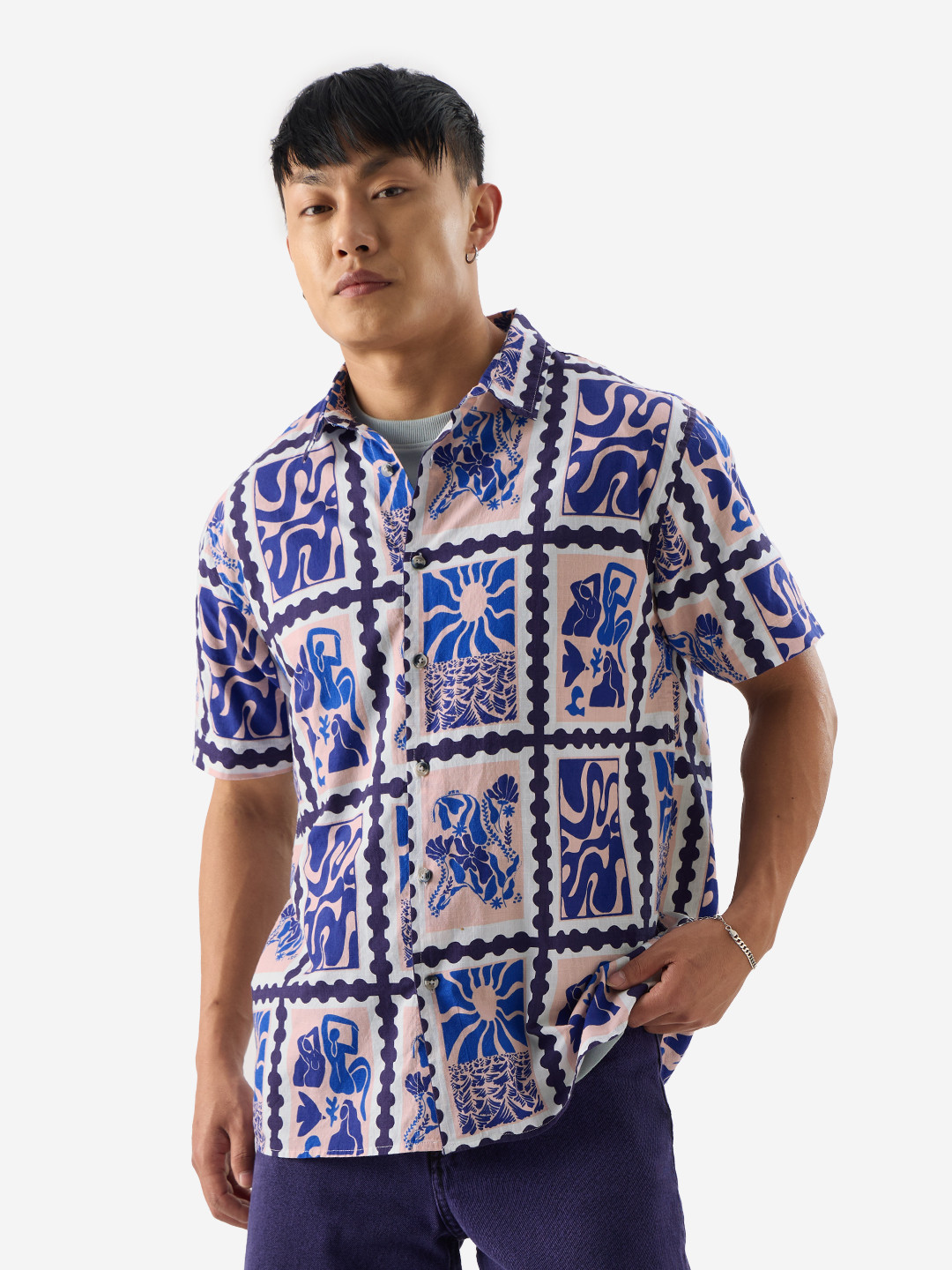 The Souled Store White & Blue Graphic Printed Pure Cotton Casual Shirt
