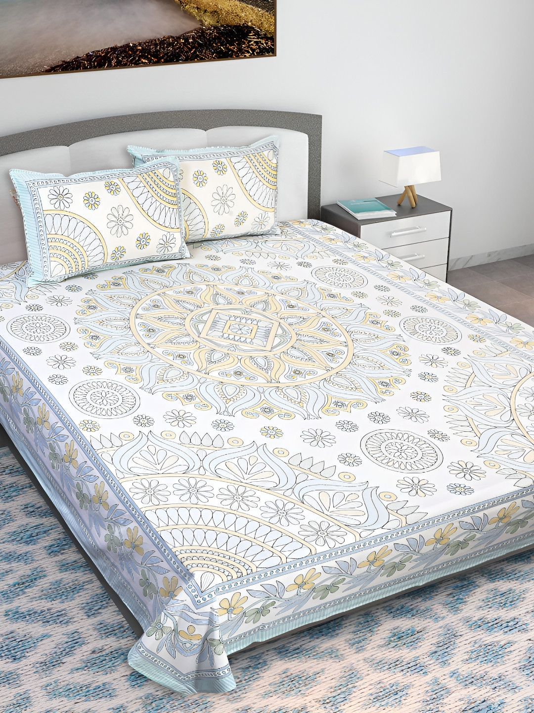 Texstylers Kantha Pattern White Ethnic Motifs Cotton 210 TC King Bedsheet with 2 Pillow Covers-106 x 106 inches