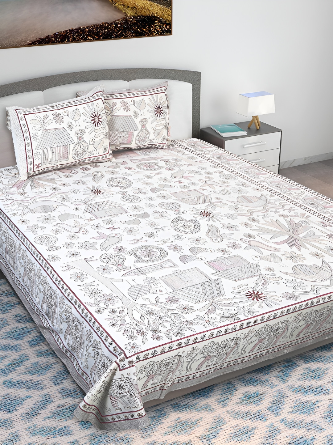 Texstylers Brown & White Kantha Pnted 210 TC King Bedsheet with 2 Pillow Covers