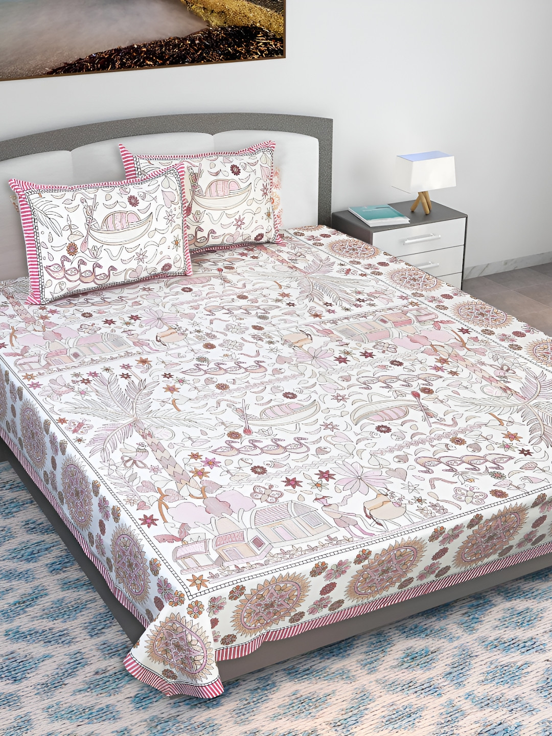 Texstylers Kantha Pink Conversational Cotton 210 TC King Fine Bedsheet with 2 Pillow Covers-106 x 106 inches