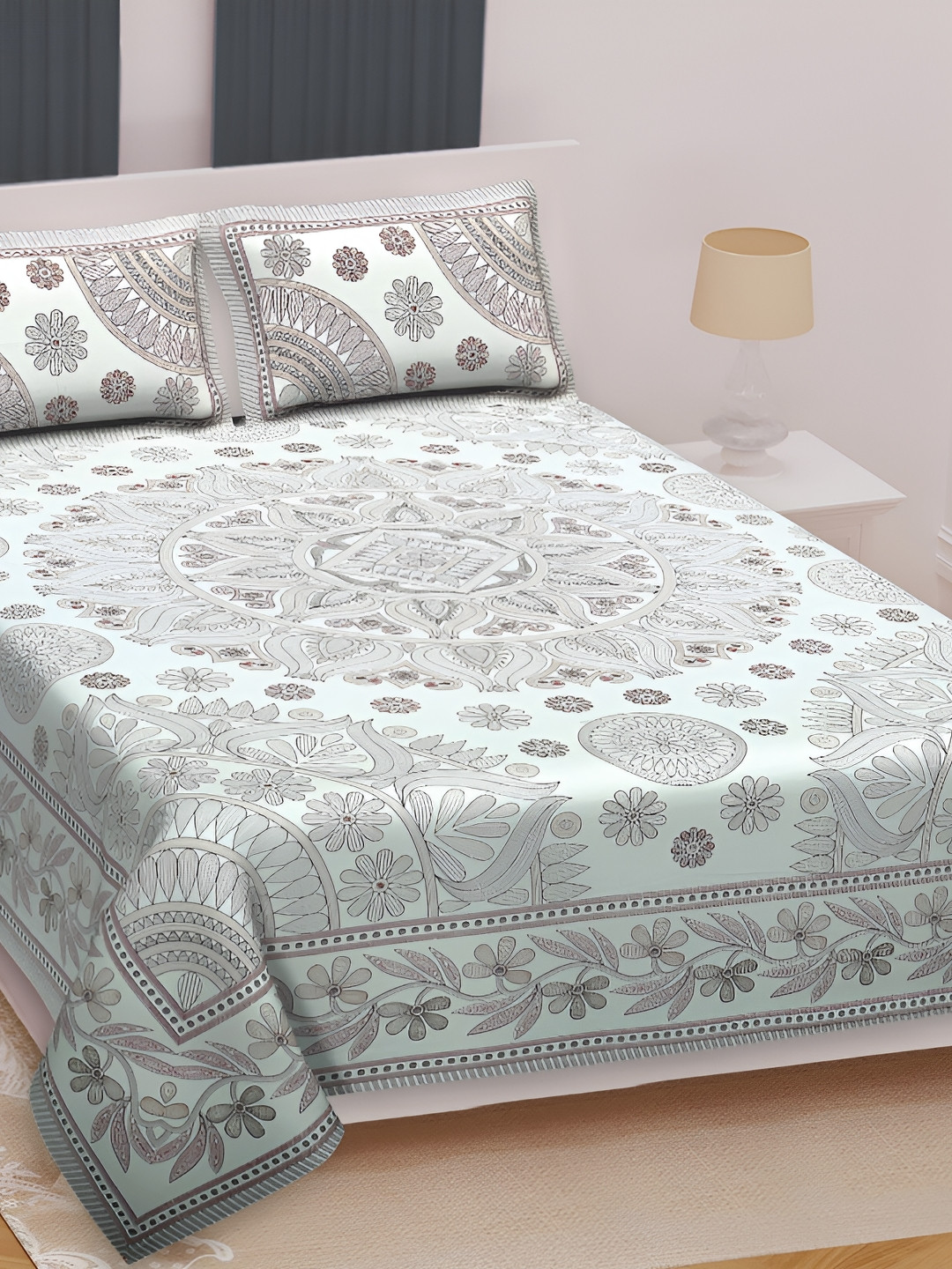 Texstylers Kantha Brown Floral Cotton 210 TC King Bedsheet with 2 Pillow Covers-106 x 106 inches