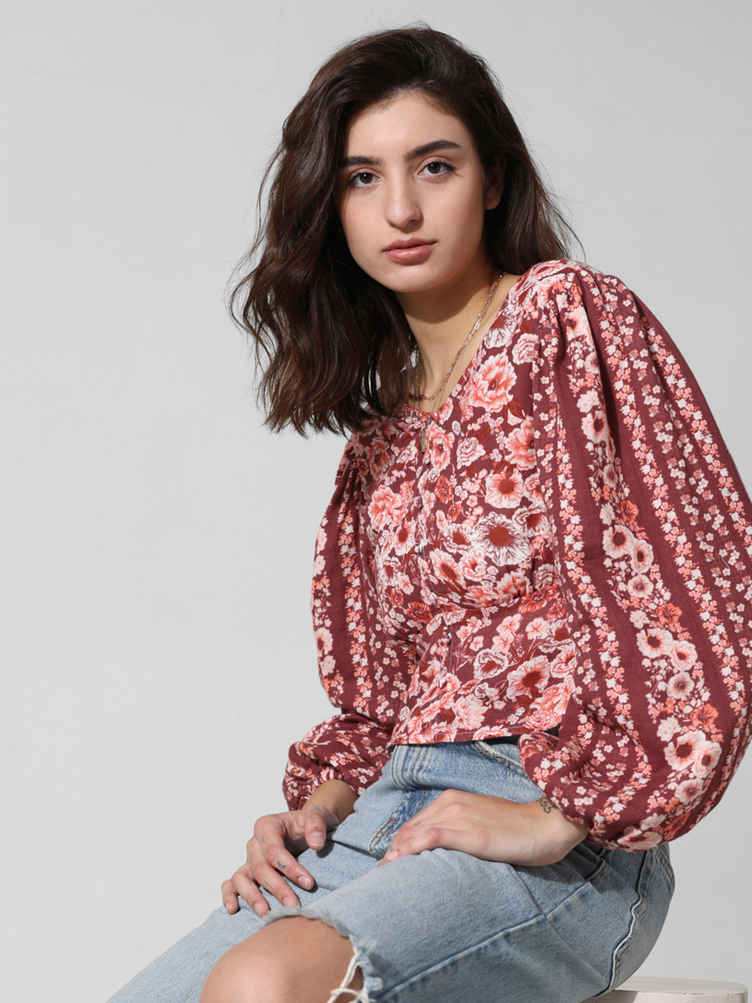 ONLY Floral Printed V-Neck Puff Sleeves Pure Cotton Top