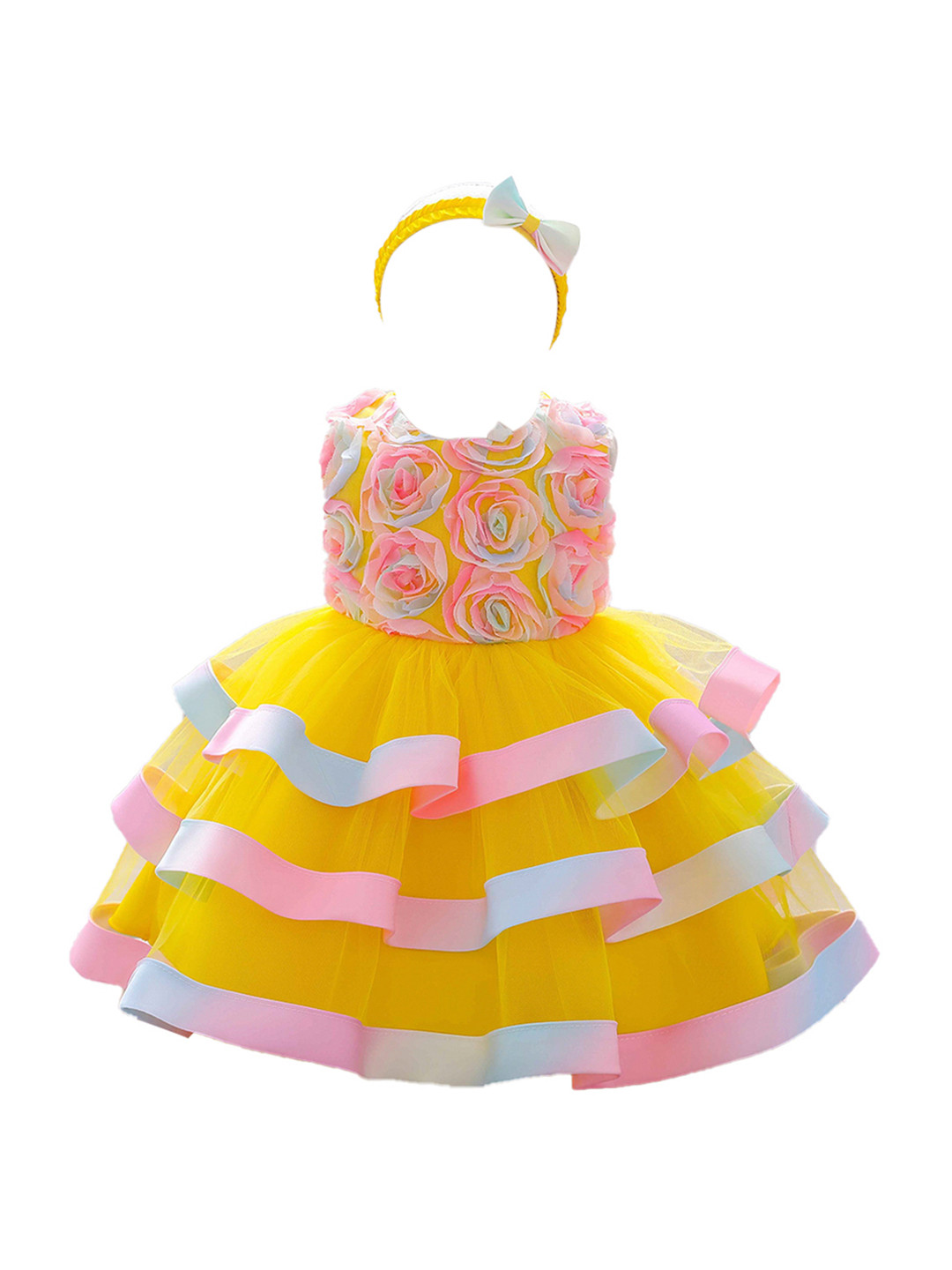 StyleCast Girls Yellow Floral Round Neck Bow Fit & Flare Dress
