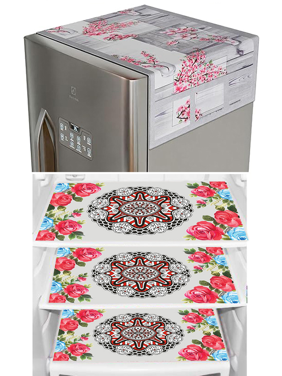 Dakshya Industries Grey & Pink 4 Pieces Printed Refrigerator Cover and Mats