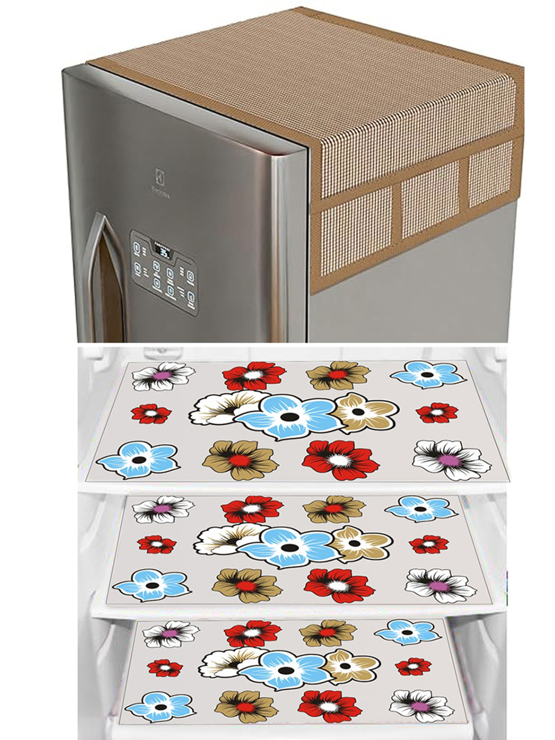 Dakshya Industries Brown 4 Pieces Floral Refrigerator Cover Combo