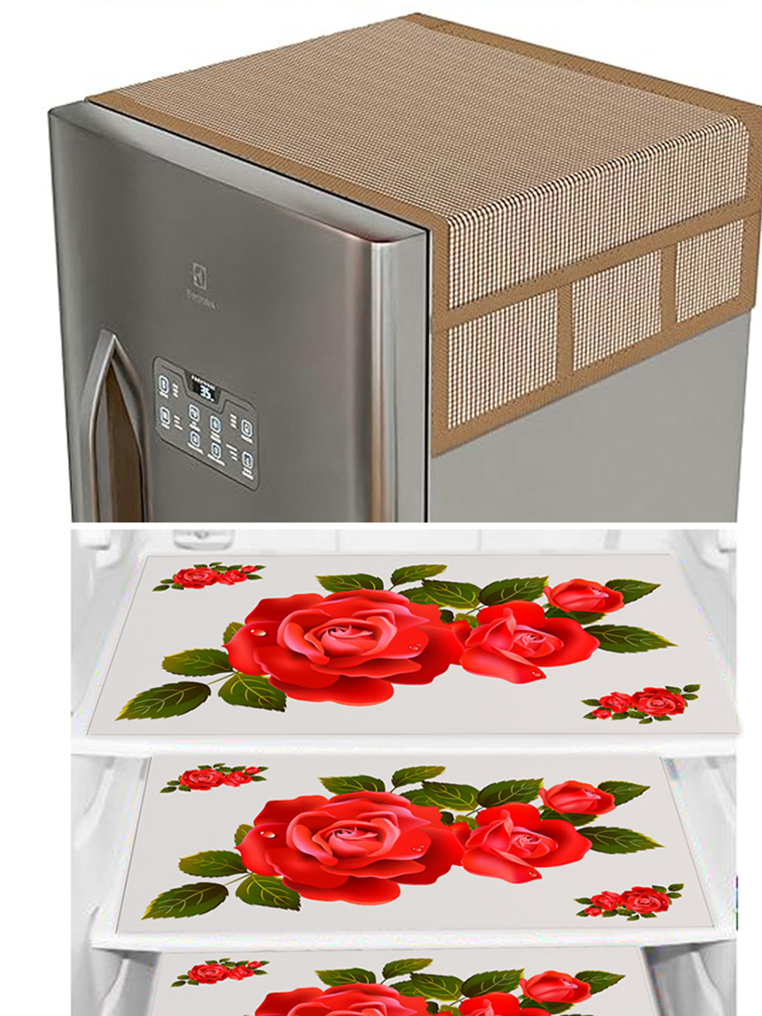 Dakshya Industries Red & Brown 4 Pieces Printed Refrigerator Cover and Mats
