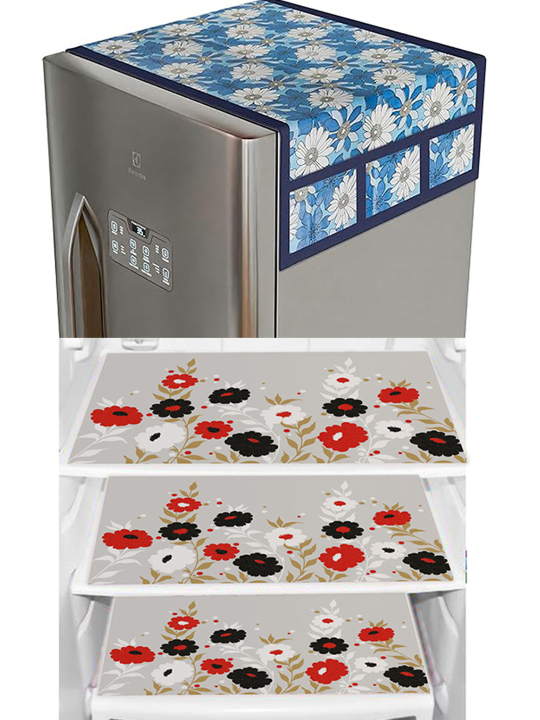 Dakshya Industries Beige & Blue 4Pcs Printed Refrigerator Cover Combo