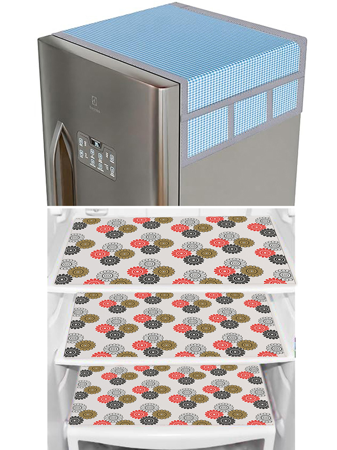 Dakshya Industries Blue & Red 4 Pieces Printed Refrigerator Cover and Mats