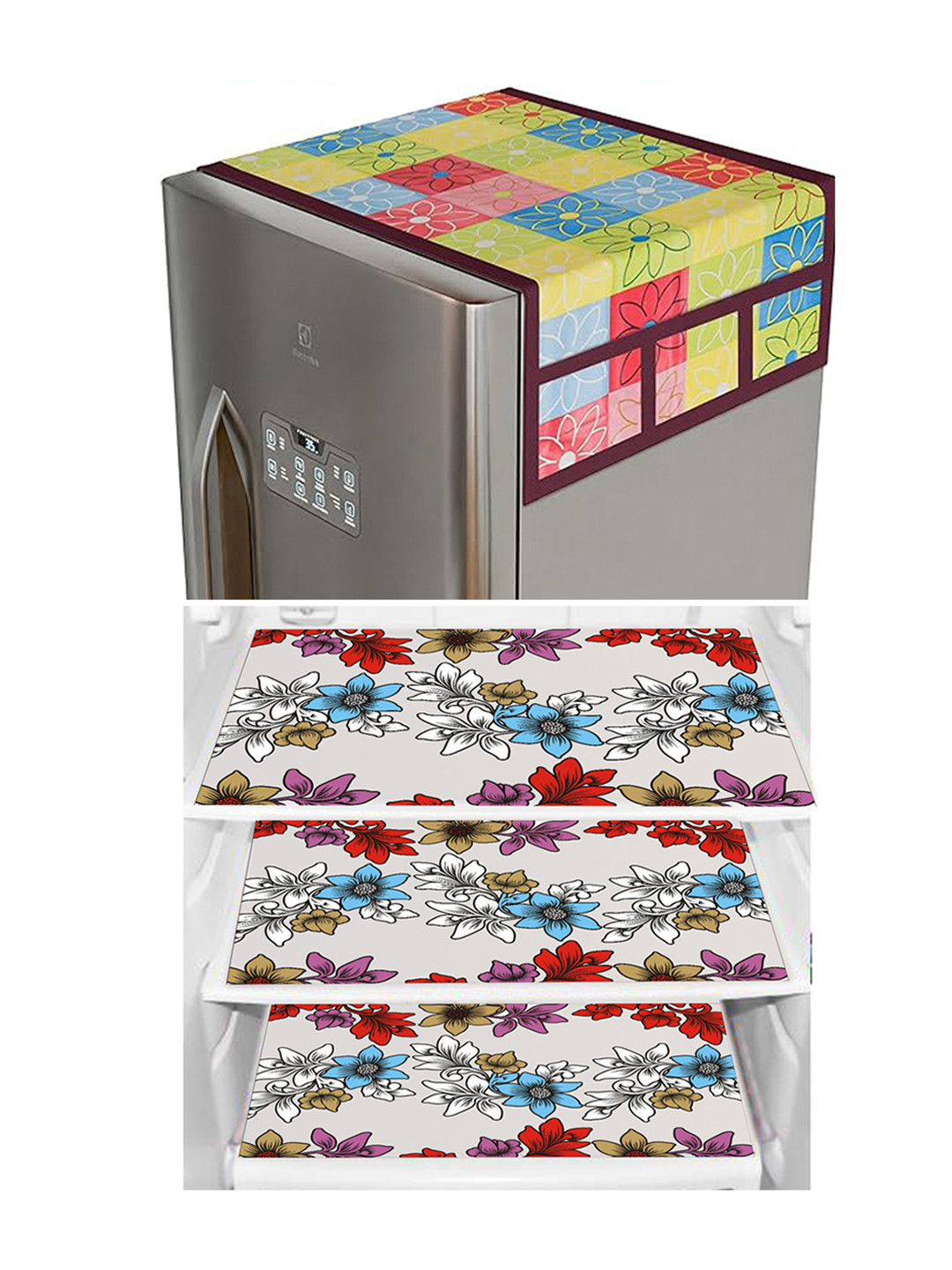 Dakshya Industries Red 4 Pieces Printed Refrigerator Cover and Mats