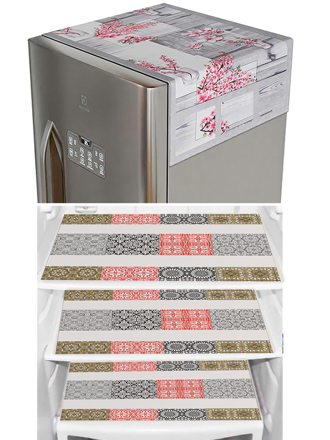 Dakshya Industries Grey & Pink 4Pcs Printed Refrigerator Cover Combo