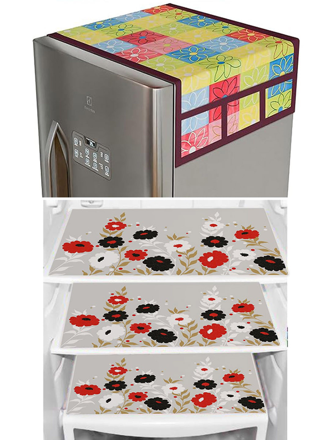 Dakshya Industries Beige & Red 4Pcs Refrigerator covers & Mats