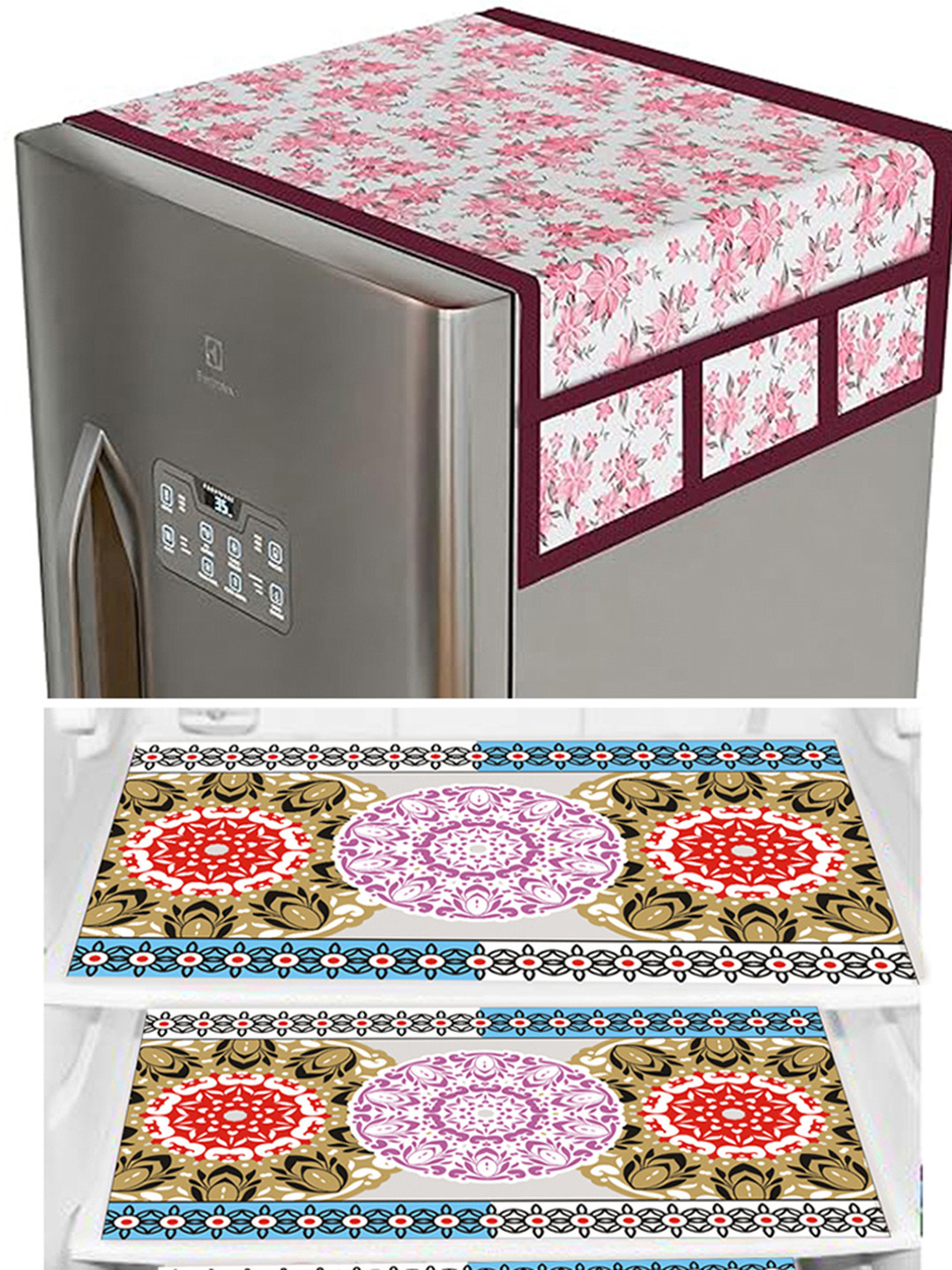 Dakshya Industries Pink & Red 4 Pieces Floral Printed Waterproof Refrigerator Cover & Mats