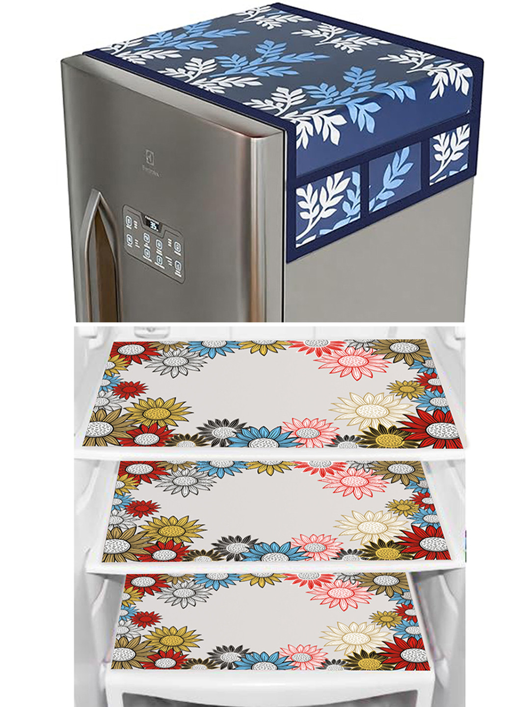Dakshya Industries Blue & Red 4 Pieces Floral Printed Waterproof Fridge Covers