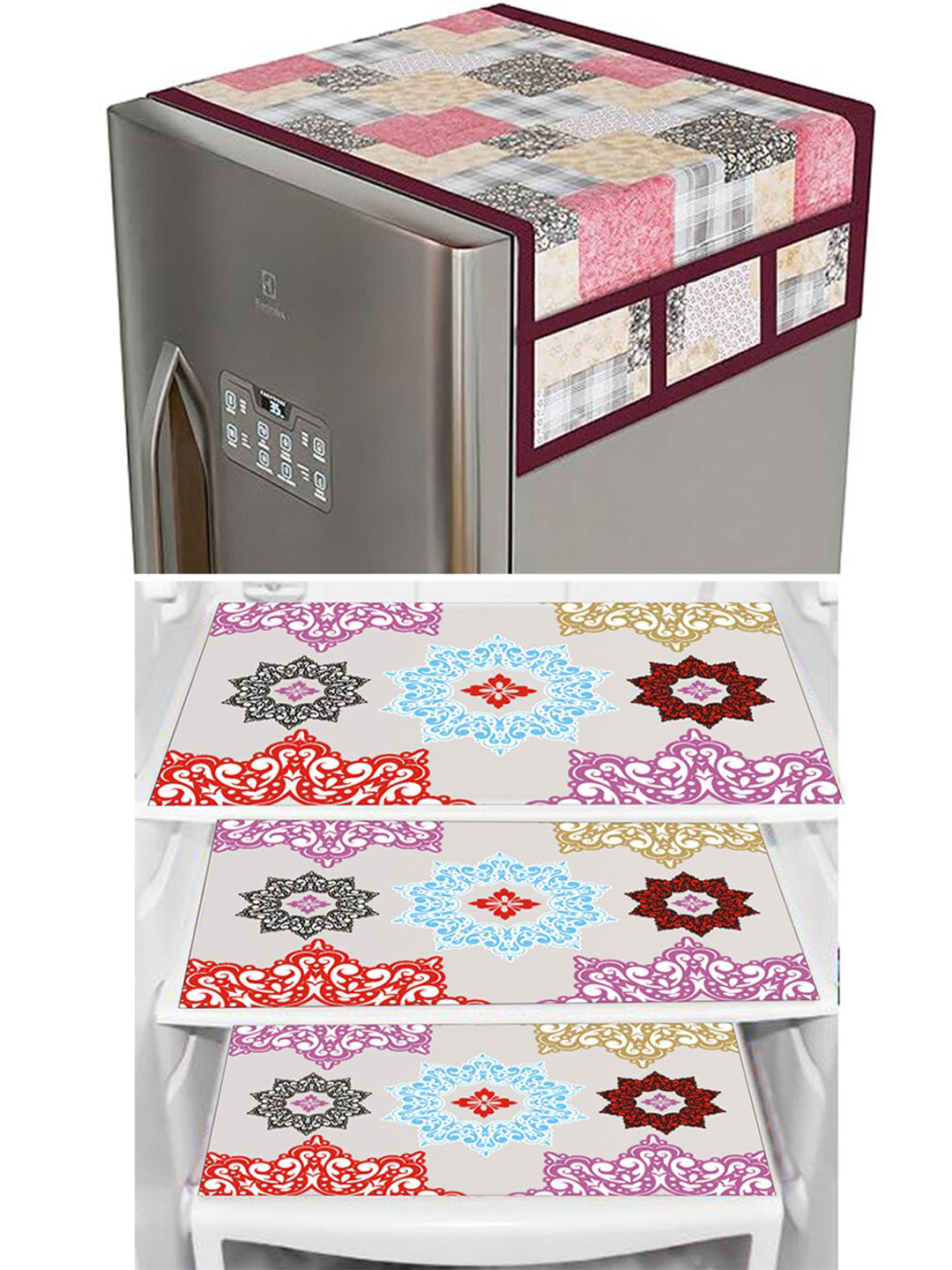 Dakshya Industries Beige 4 Pieces Floral Printed Waterproof Refrigerator Cover & Mats