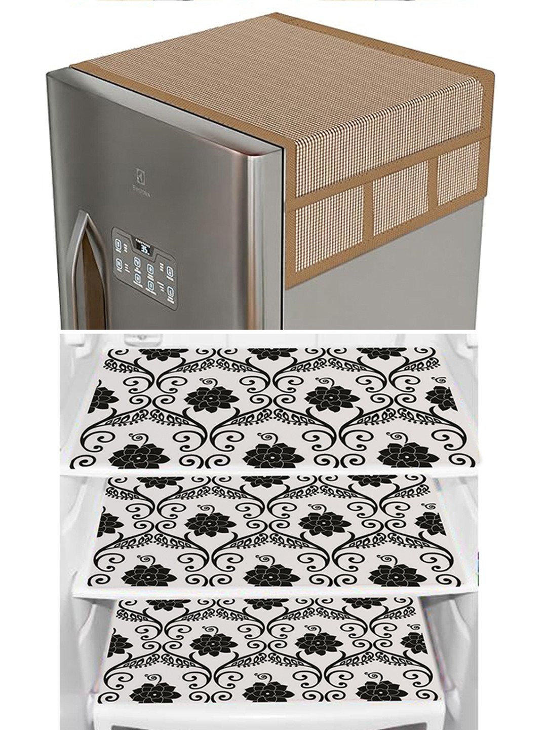 Dakshya Industries Brown 4 Pieces Floral Printed Waterproof Refrigerator Cover & Mats