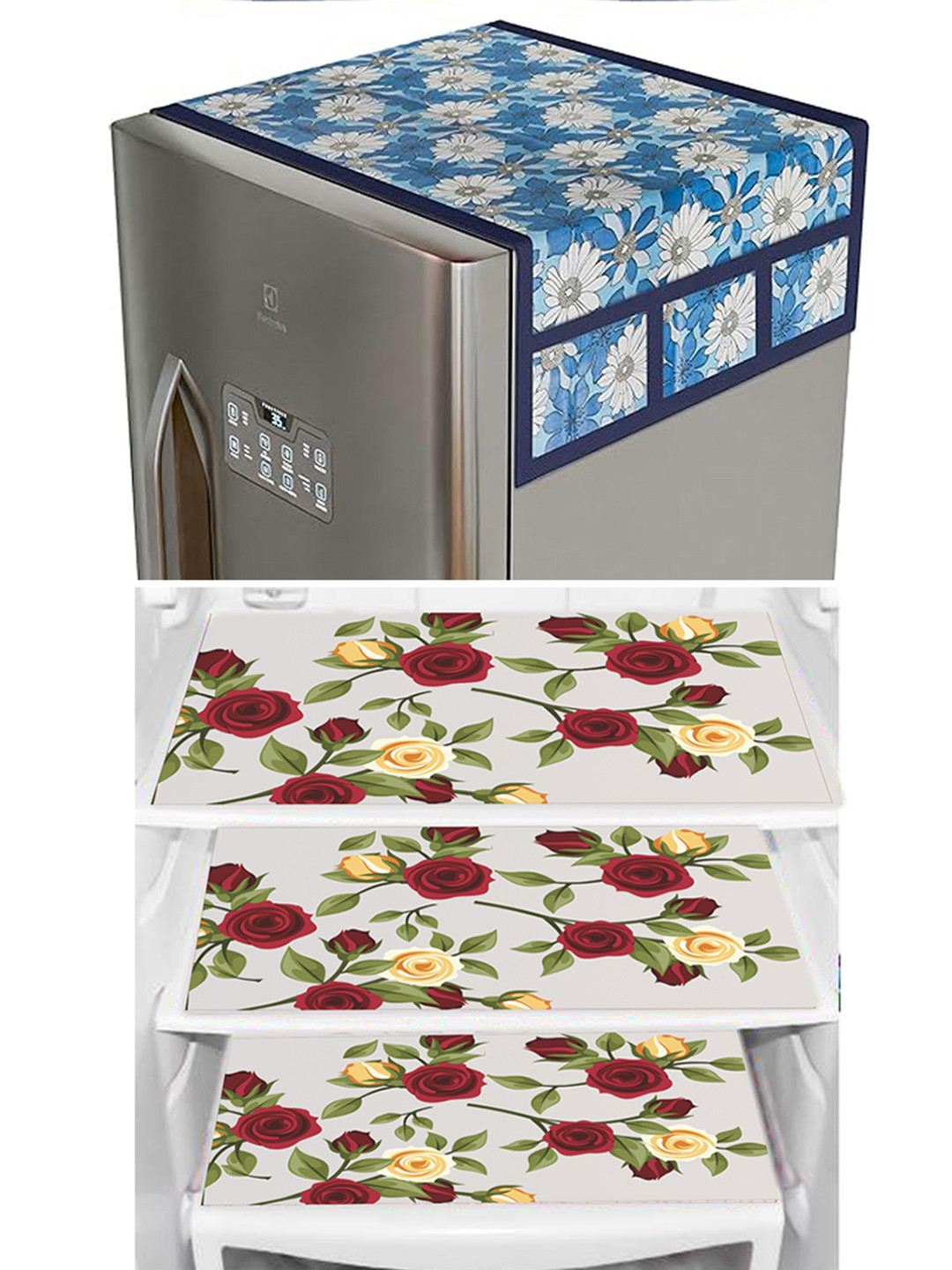 Dakshya Industries Yellow & Blue 4 Pieces Floral Printed Waterproof Fridges
