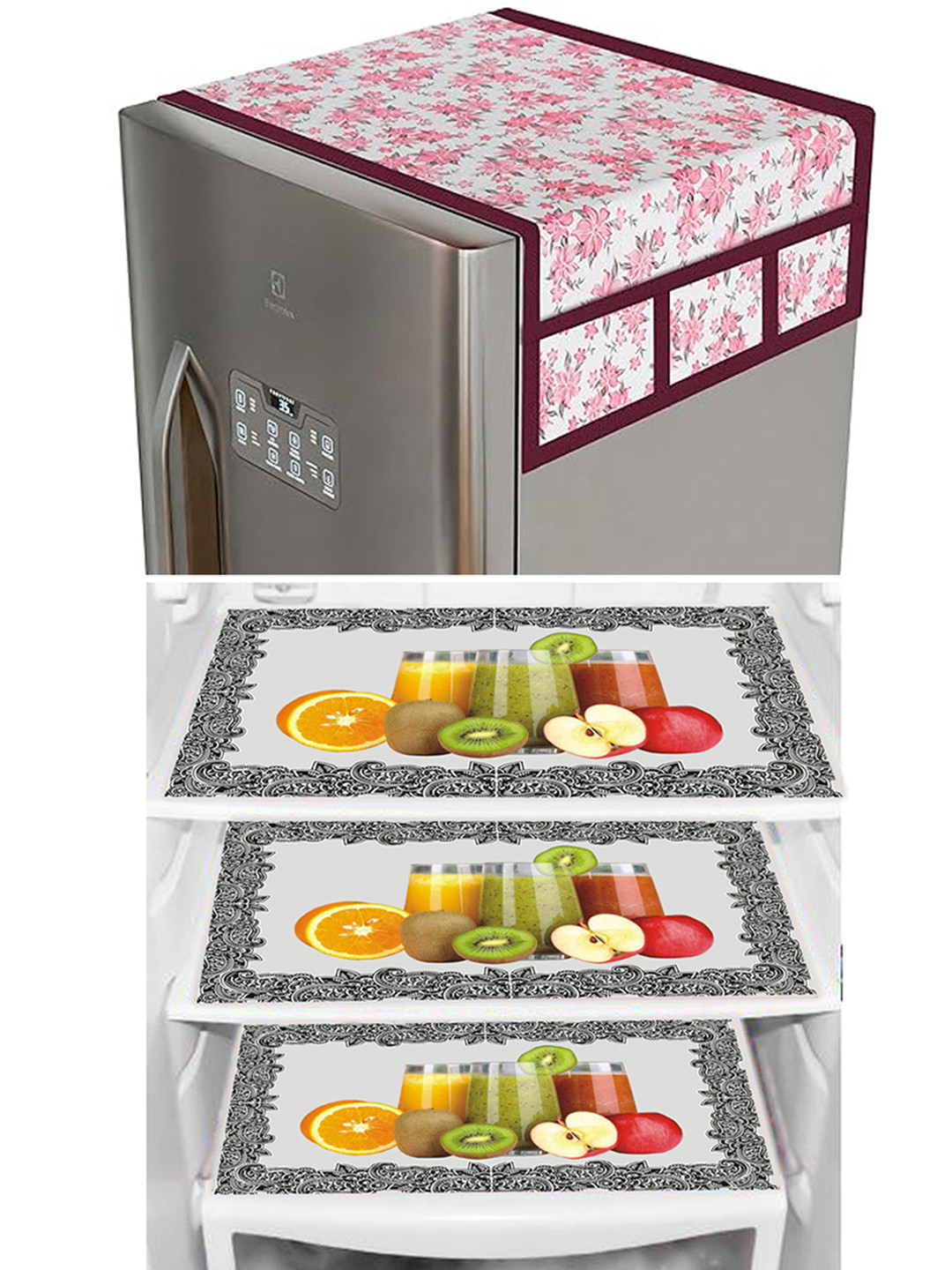 Dakshya Industries Green Pink 4 Pieces Floral Printed Refrigerator Cover Combo