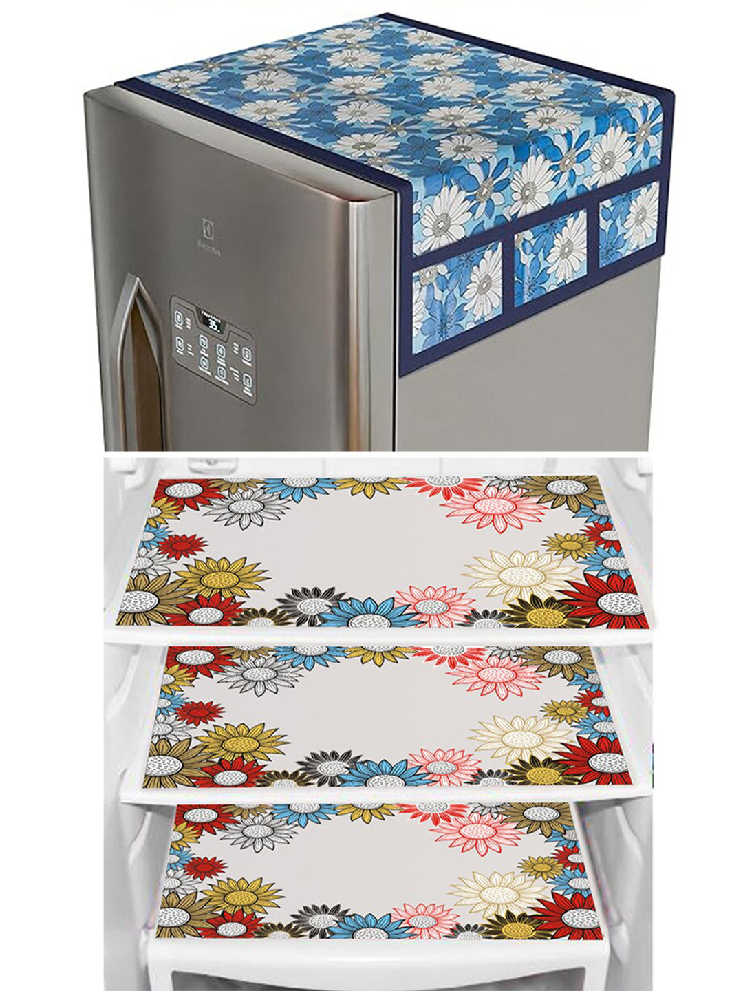 Dakshya Industries Blue & Red 4 Pieces Floral Printed Waterproof Refrigerator Cover & Mats