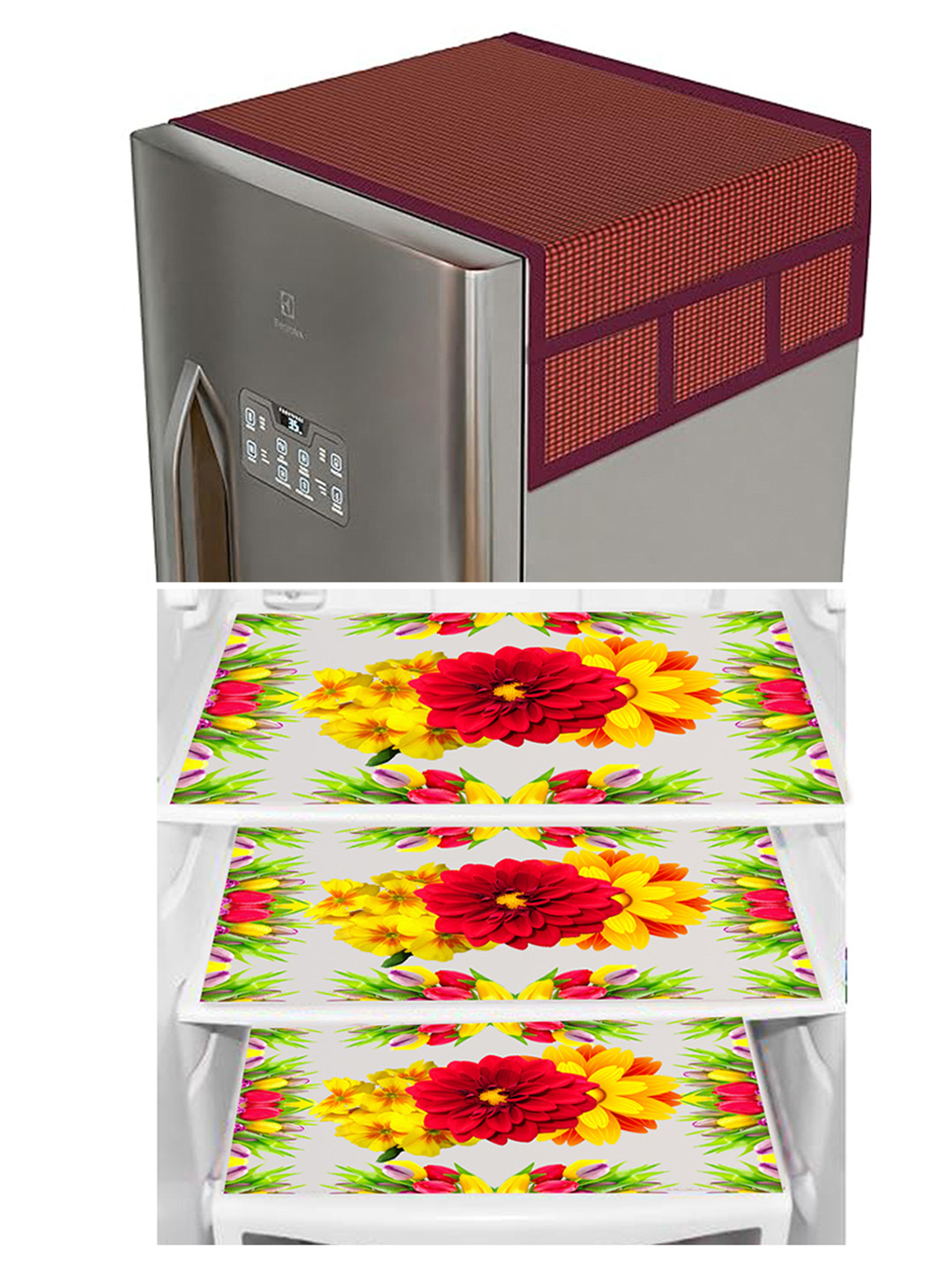 Dakshya Industries Yellow & Red 4 Pieces Printed Refrigerator Cover and Mats