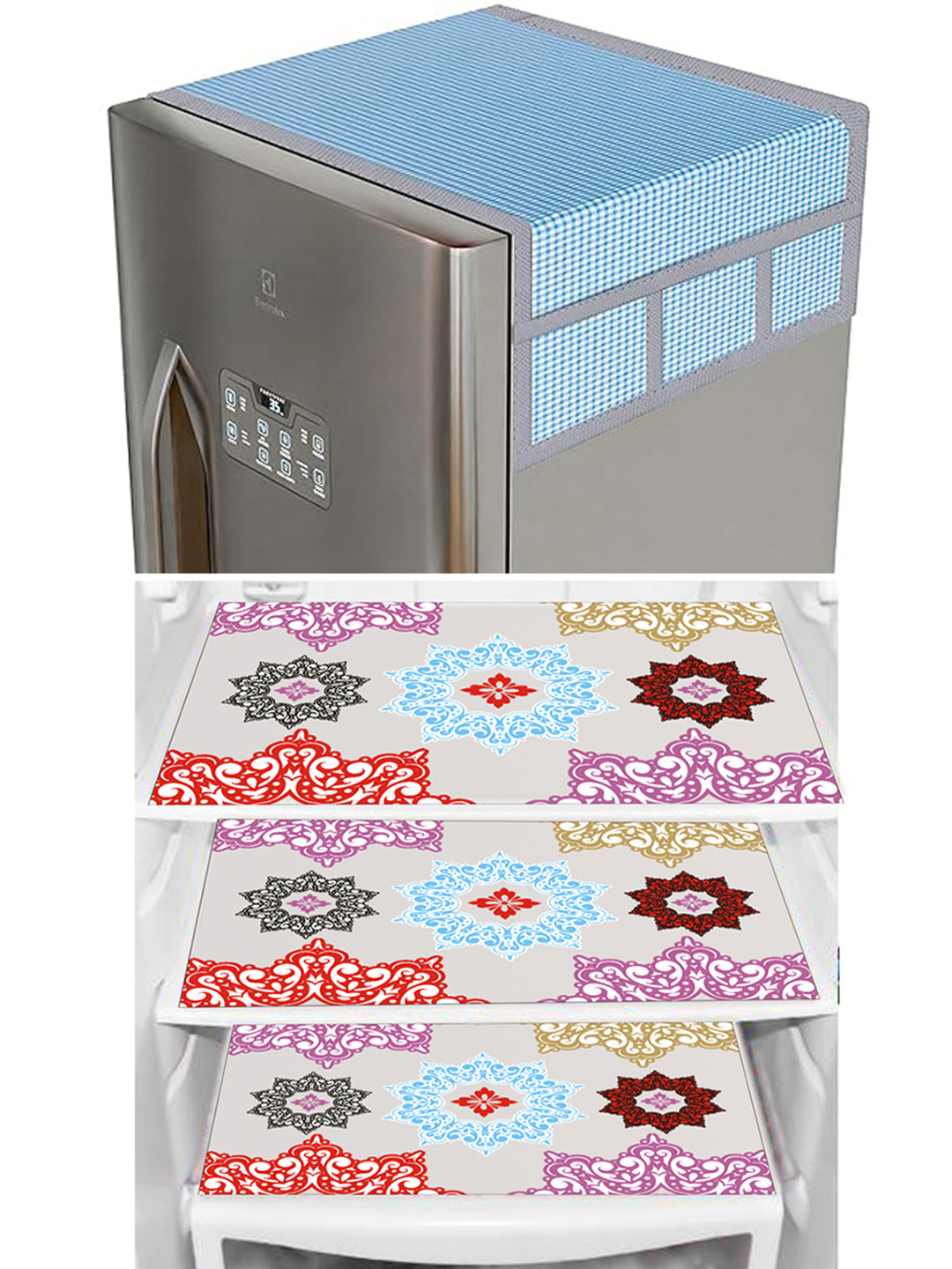 Dakshya Industries Red & Blue 4Pcs Printed Refrigerator Cover Combo