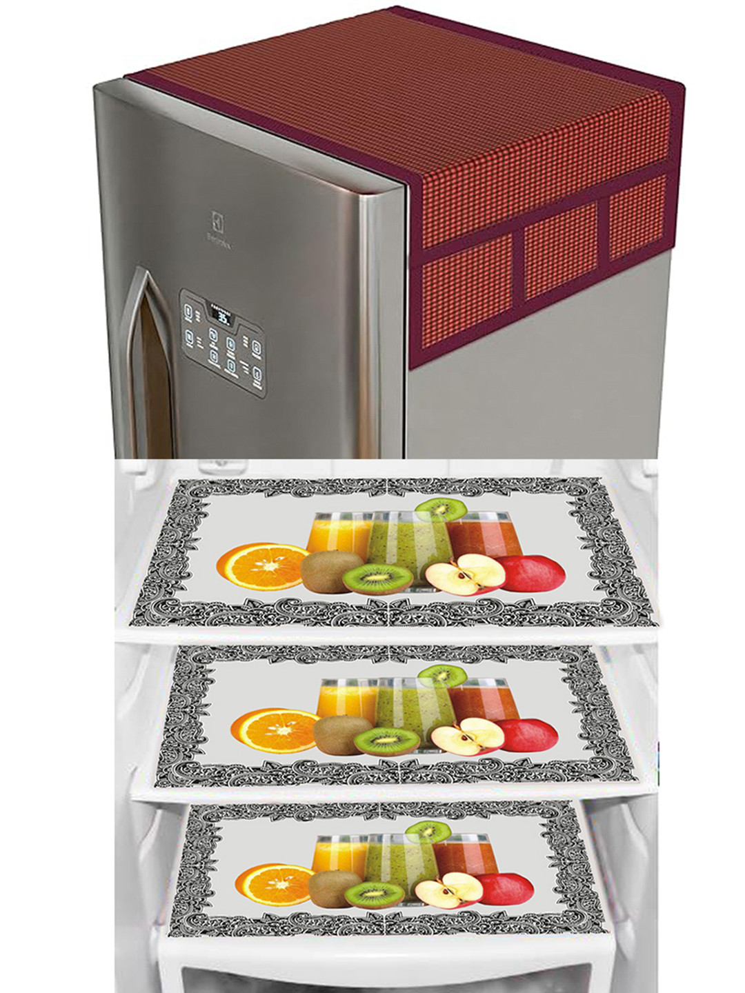 Dakshya Industries Maroon & Green 4 Pieces Checks  Waterproof Fridge Cover & Mats