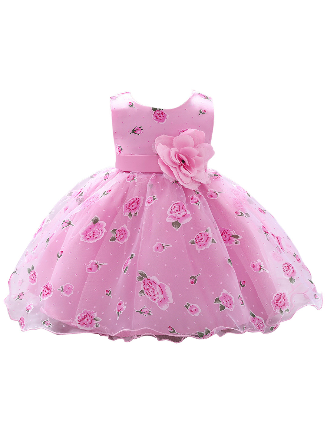 StyleCast Girls Pink Floral Printed Round Neck Sleeveless Bow Party Balloon Mini Dress