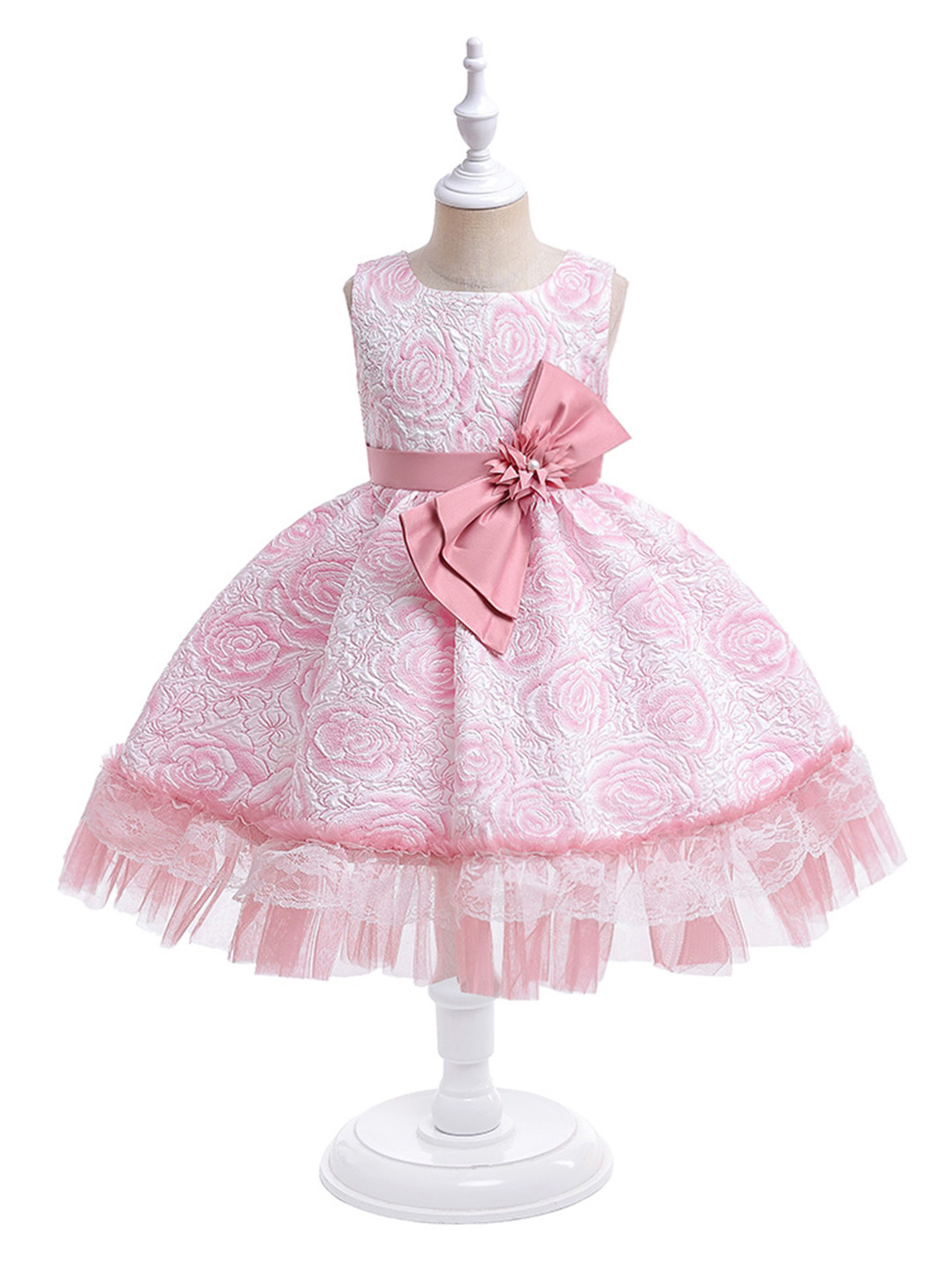 StyleCast Girls Pink Floral Self Design Round Neck Bow Ruffled Fit & Flare Dress