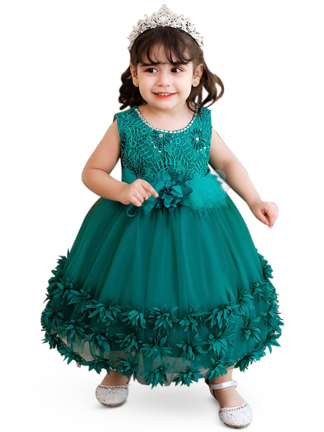 StyleCast Green Applique Floral Balloon Dress