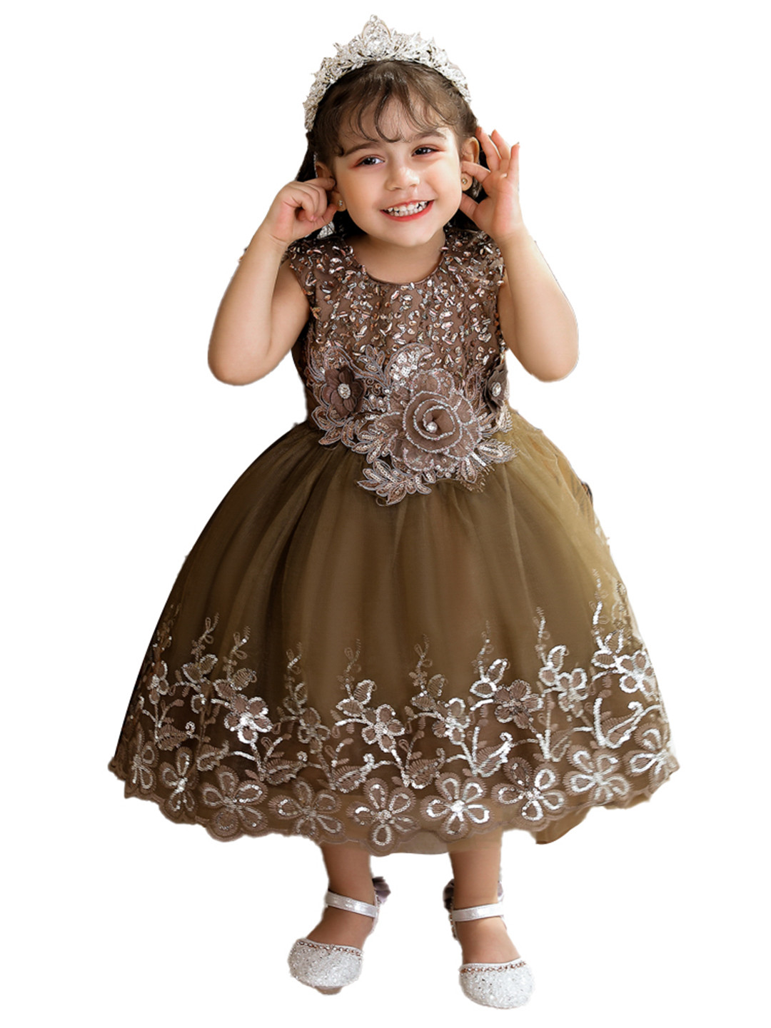 StyleCast Girls Brown Ethnic Motifs Applique Fit & Flare Midi Dress