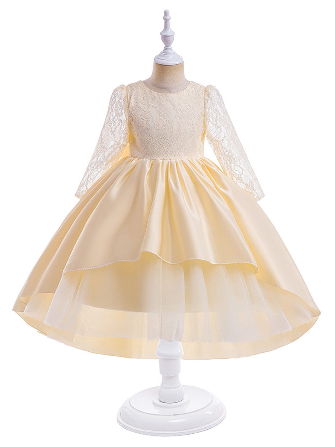 StyleCast Girls Yellow Round Neck Puff Sleeve Bow Semi Sheer Party Fit & Flare Maxi Dress