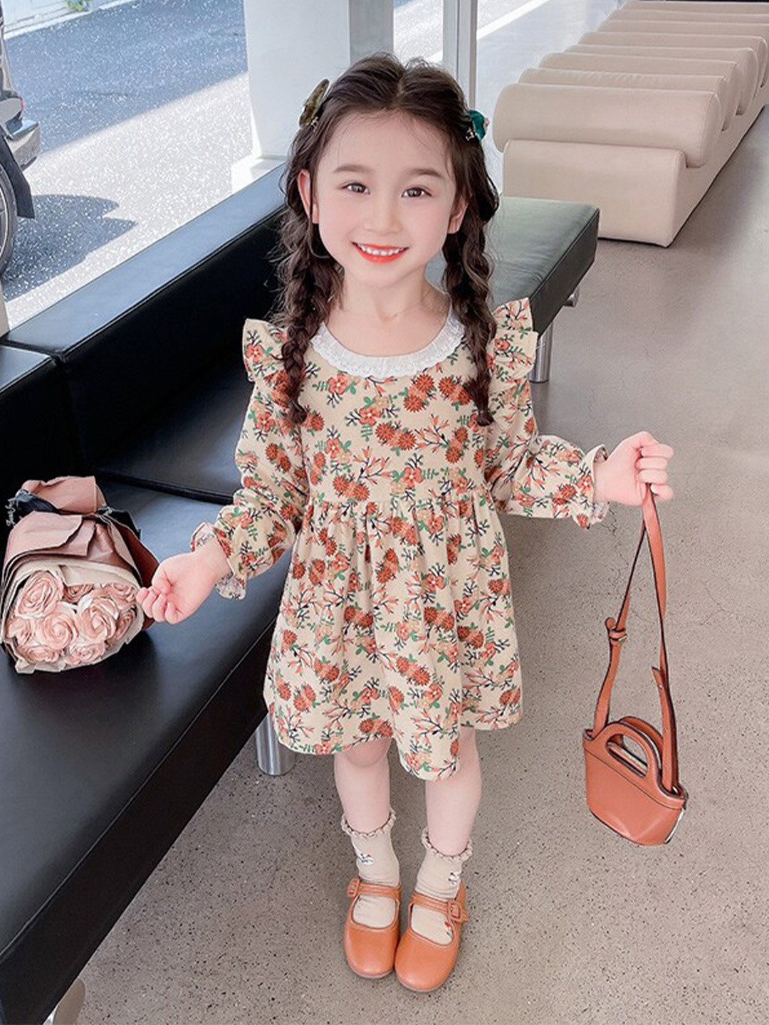 StyleCast Beige Floral Printed Round Neck Ruffled Cotton A-Line Dress