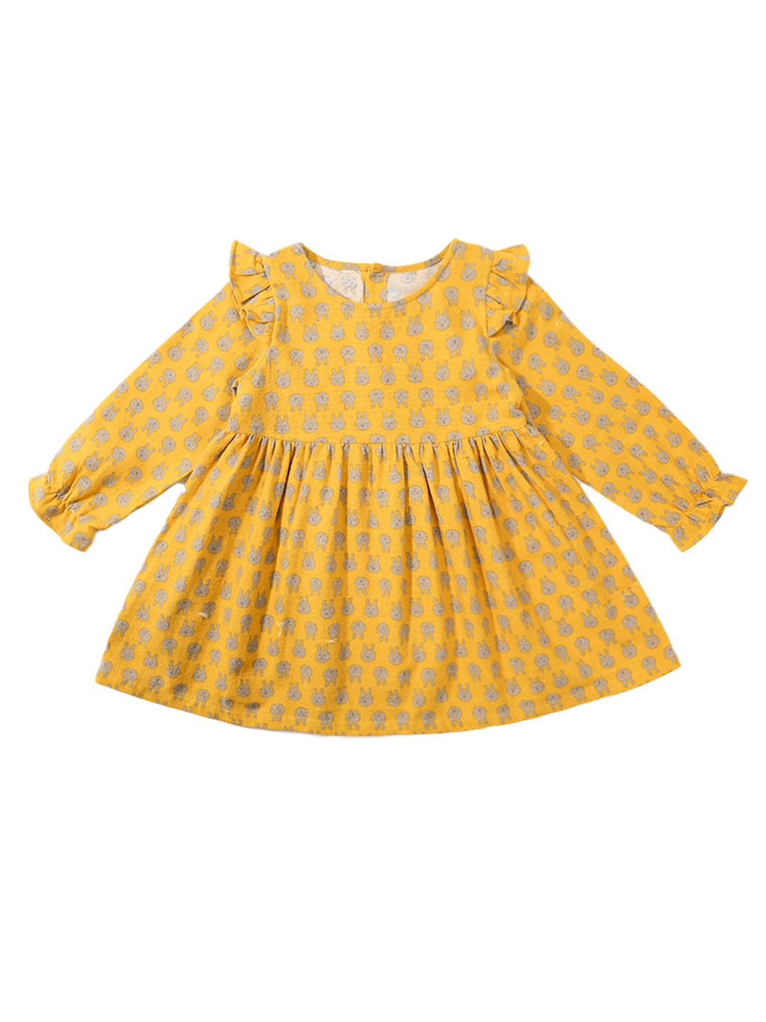 StyleCast Girls Yellow Printed Puff Sleeve Ruffled Cotton Fit & Flare Dress
